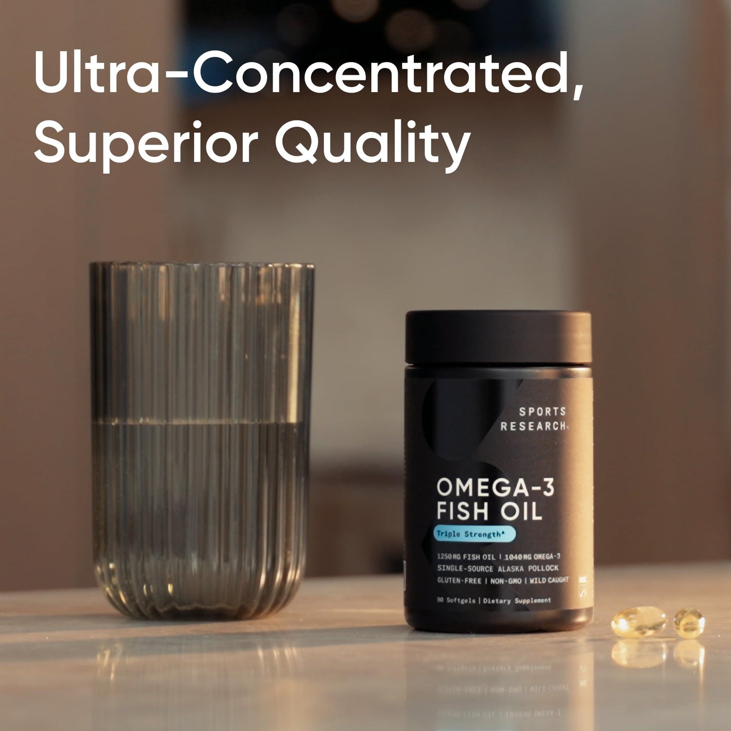 Sports Research Triple Strength Omega 3 Fish Oil - Burpless Fish Oil Supplement w/EPA & DHA Fatty Acids from Single-Source Wild Alaskan Pollock - 1250 mg, 90 ct - Medaid International