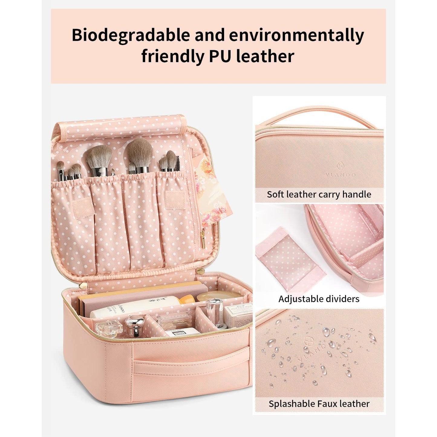 Vlando Travel Makeup Bag, Large Capacity Cosmetic Bag for Women PU Leather Makeup Case Organizer Portable Make up Bag with Dividers and Handle for Girls,Wedding,Makeup Brushes Pink - Medaid International