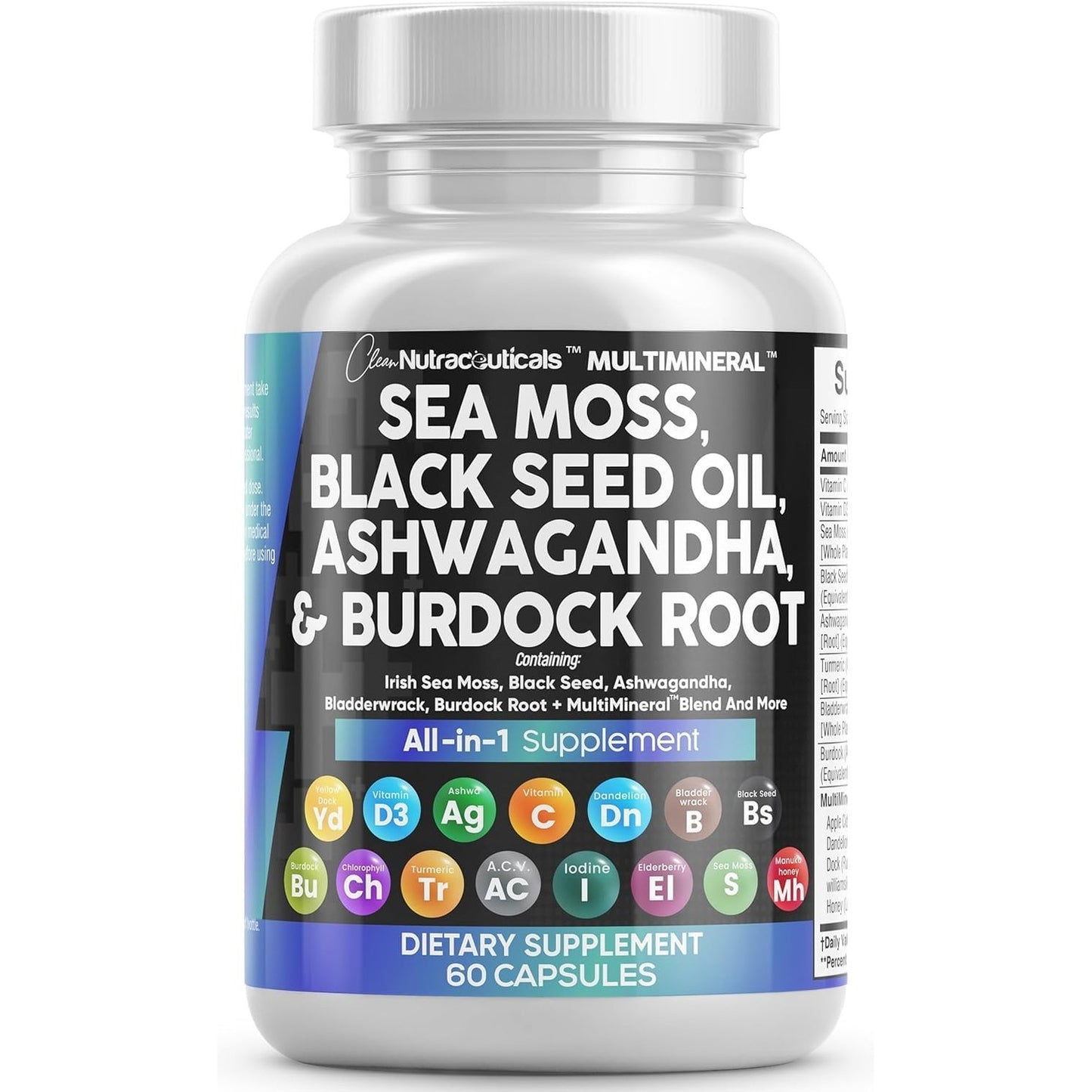 Clean Nutraceuticals Sea Moss Black Seed Oil Ashwagandha Turmeric Bladderwrack Burdock & Vitamin C Vitamin D3 with Elderberry Manuka Dandelion Yellow Dock Iodine Chlorophyll ACV - Medaid International