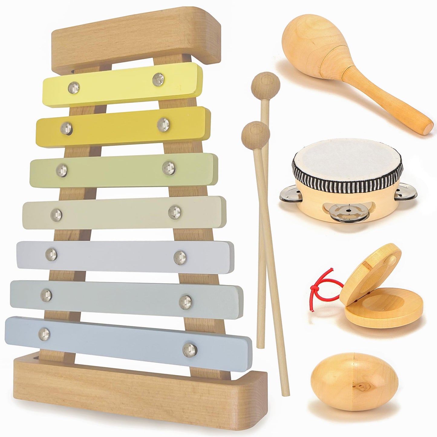 Natural Wood Baby Toys - Musical Toys for Toddlers 1-3: Toddler Musical Instruments Set of 5 in 1, with a Tambourine, Egg Shaker, Castanet, Maracas and Xylophone for Kids at All Ages - Medaid International