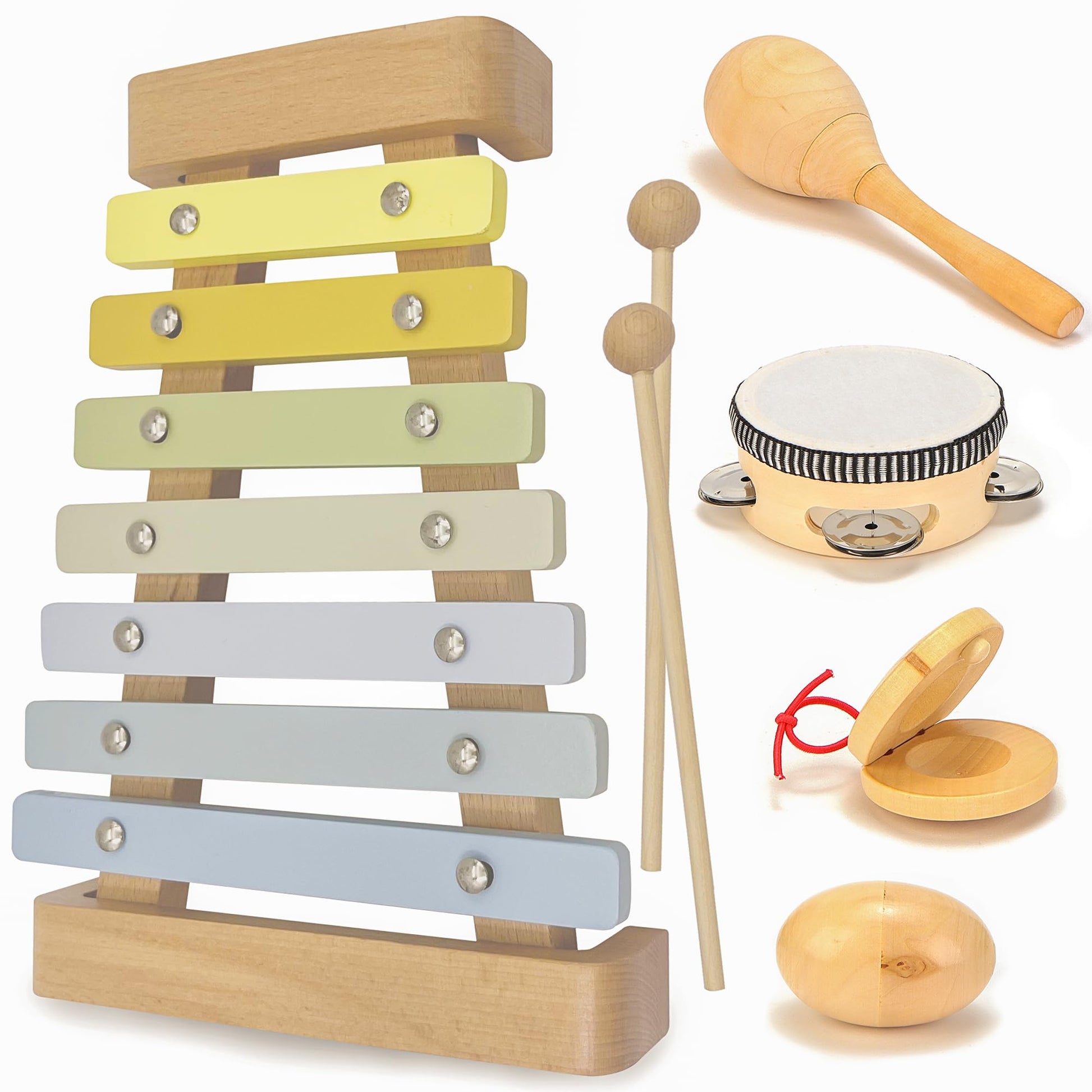 Natural Wood Baby Toys - Musical Toys for Toddlers 1-3: Toddler Musical Instruments Set of 5 in 1, with a Tambourine, Egg Shaker, Castanet, Maracas and Xylophone for Kids at All Ages - Medaid International