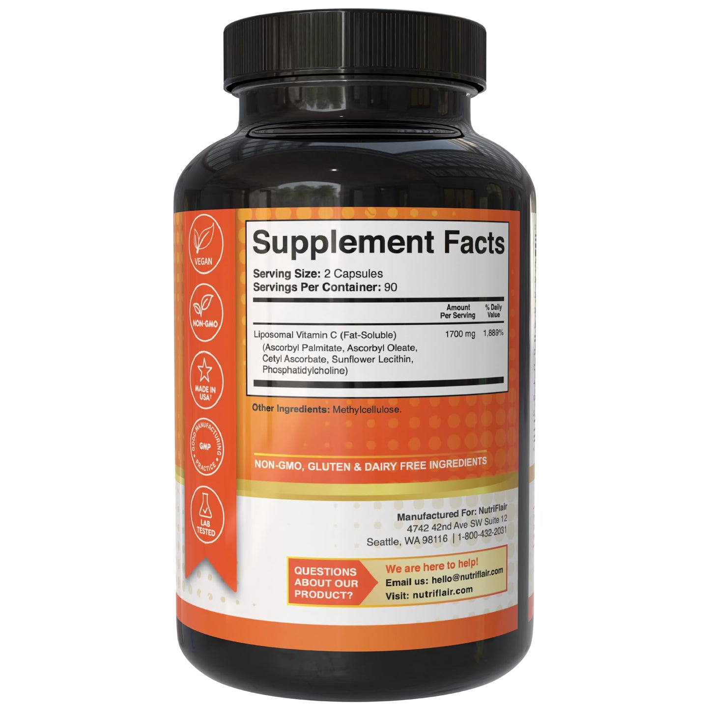NutriFlair Liposomal Vitamin C 1700mg, 180 Capsules - High Absorption, Fat Soluble VIT C, Higher Bioavailability Immune System Support & Collagen Booster, Non-GMO, Vegan Pills - Medaid International