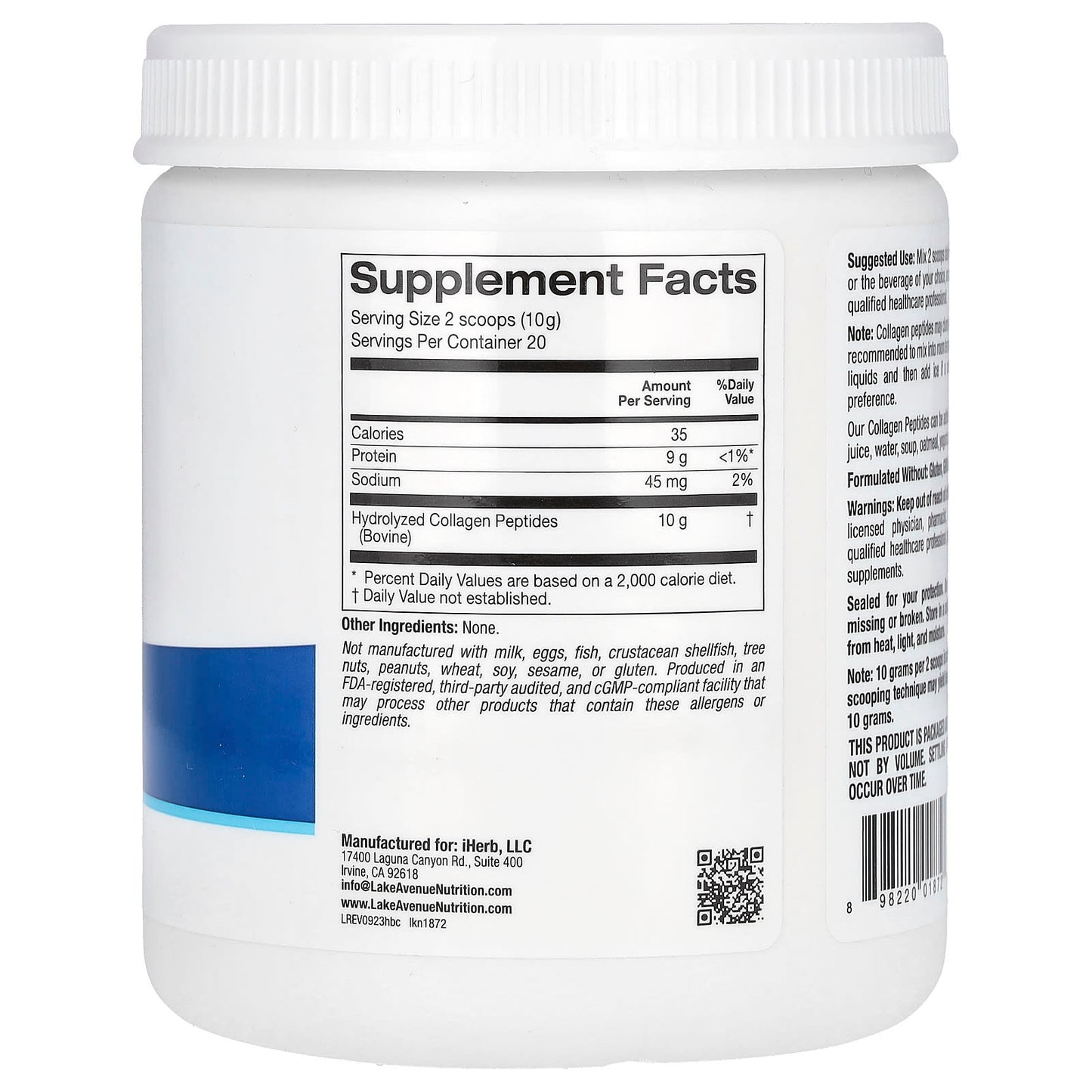 Lake Avenue Nutrition, Hydrolyzed Collagen Peptides, Type I and III, Unflavored, 7.05 oz (200 g) - Medaid International
