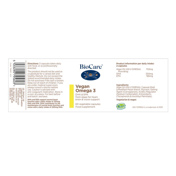 BioCare - Vegan Omega 3 (Algal DHA & EPA) 60 Capsules - Medaid International