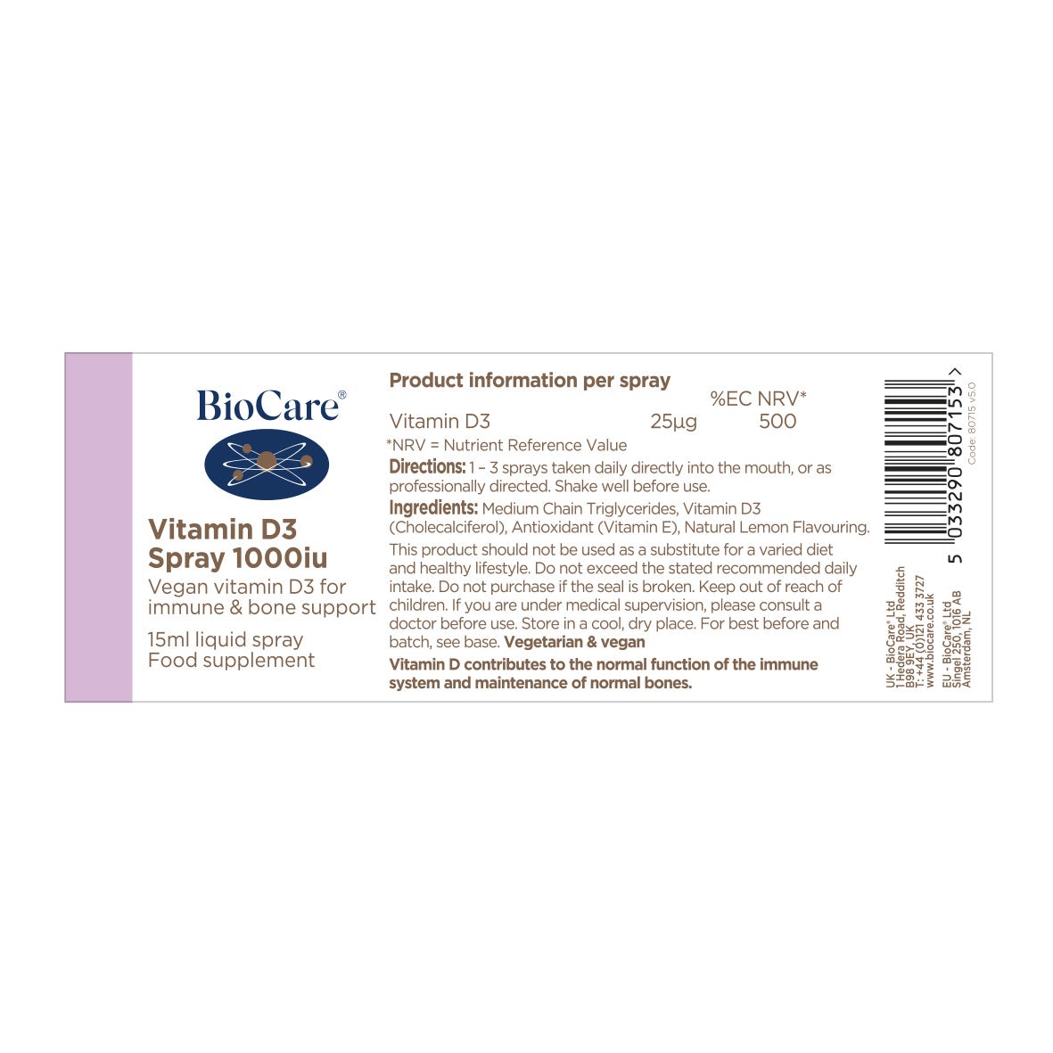 BioCare - Vitamin D3 Spray 1000IU 15ml - Medaid International