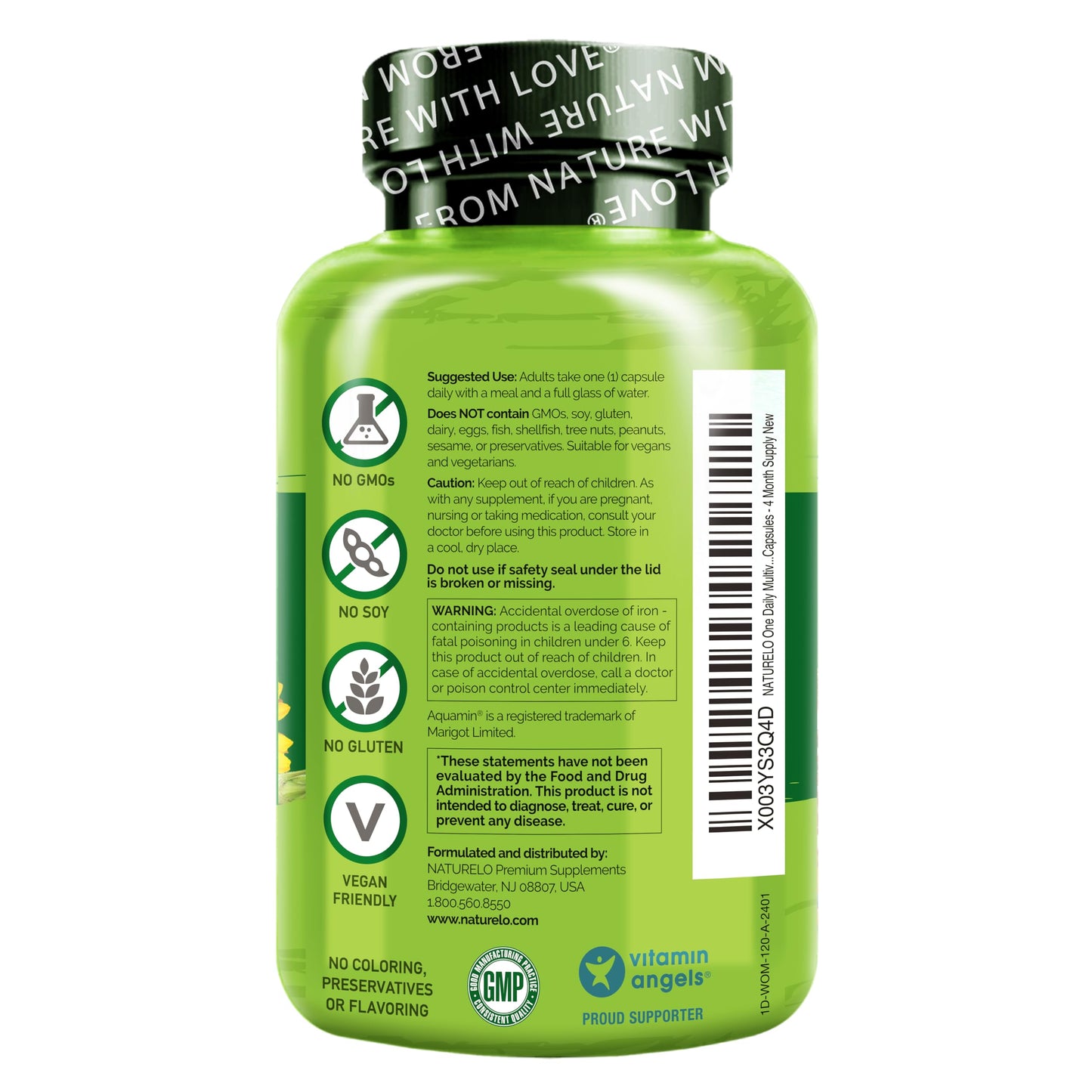 NATURELO One Daily Multivitamin for Women - Energy Support - Whole Food Supplement to Nourish Hair, Skin, Nails - Non-GMO - No Soy - Gluten Free - 120 Capsules - 4 Month Supply - Medaid International