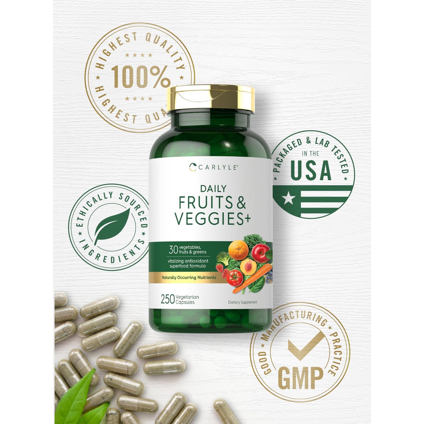 Carlyle Fruits and Veggies Supplement | 250 Capsules | Made with 30 Fruits and Vegetables | Vegetarian, Non-GMO, Gluten Free Superfood Formula - Medaid International