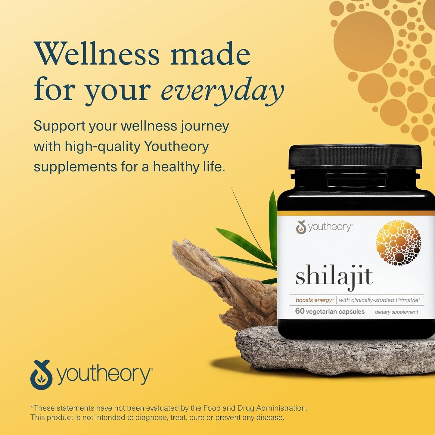 Youtheory Shilajit, Pure Himalayan Superfoood, Energy Support, 60 Vegetarian Capsules - Medaid International