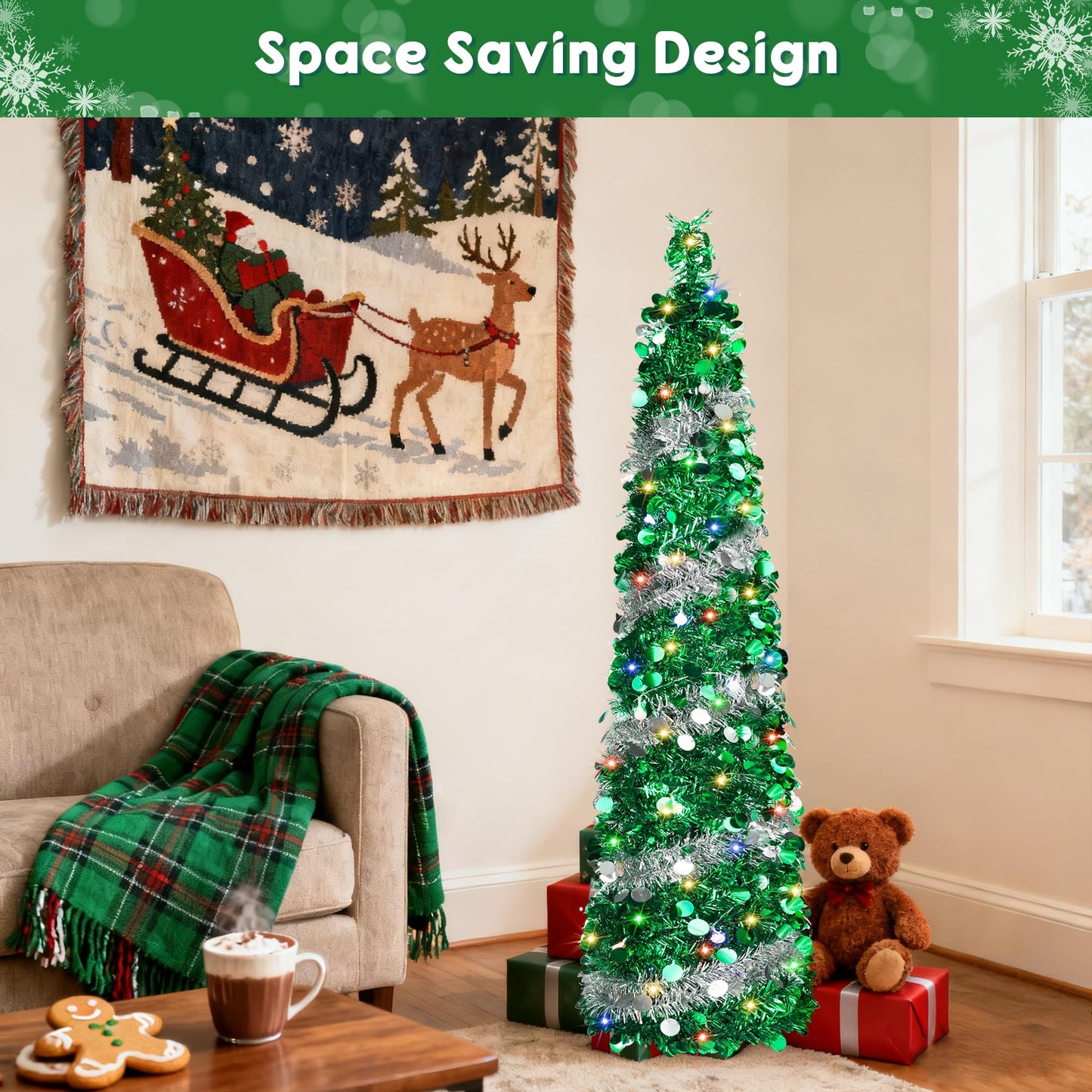 5FT Pop Up Christmas Tree with 90 LED Lights, Collapsible Artificial Pencil Christmas Tree, Tinsel Skinny Christmas Trees for Home Apartment Porch Indoor Outdoor Holiday Decorations - Medaid International