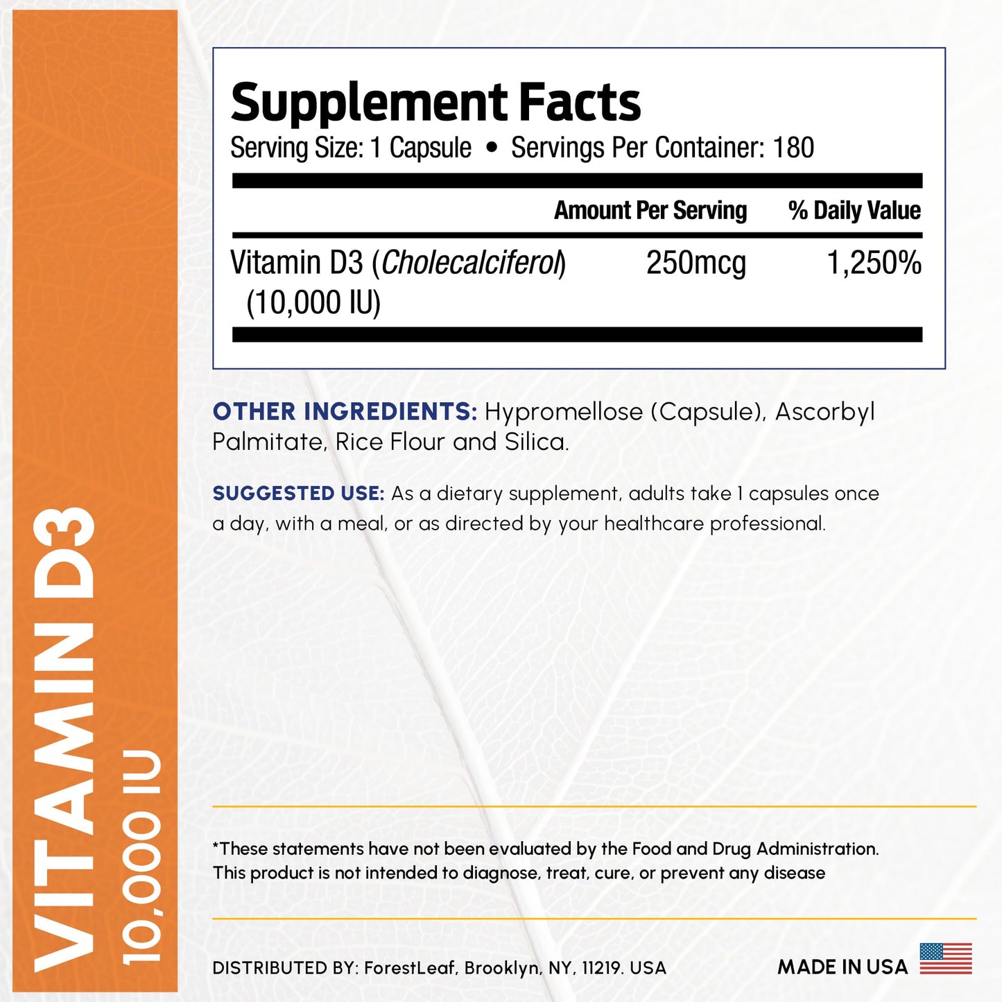 ForestLeaf Vitamin D3 10,000 IU | VIT D - VIT D3 Vitamin D Supplements for Women and Men | Bone Health, Teeth and Immune Support | Easy to Swallow Pills | High Potency Daily, 6-Month Supply, 180 Caps - Medaid International