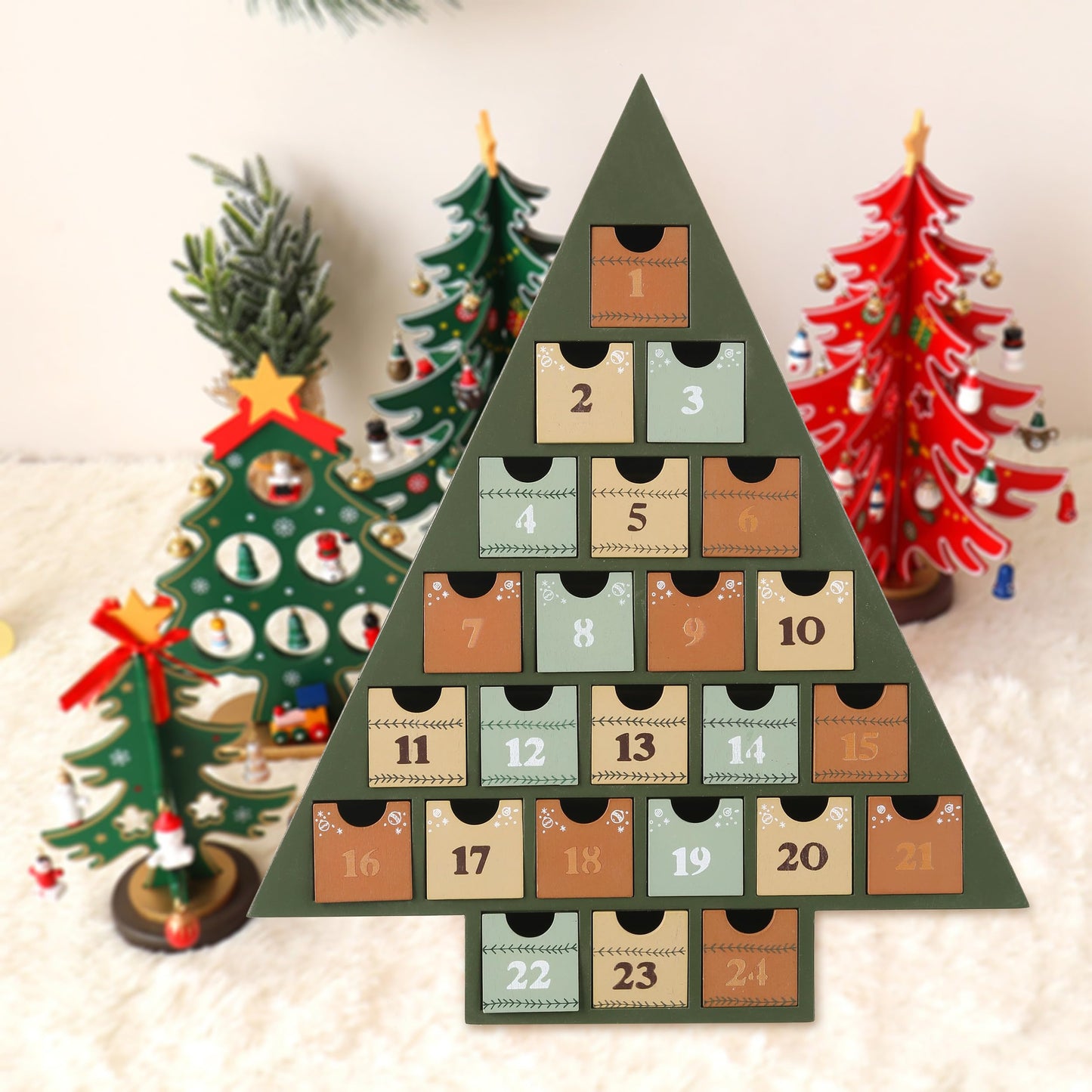 JOEJET Wooden Advent Calendar 2025, 24 Days Countdown to Christmas Calendar with Storage Drawers, DIY Tree Shape Refillable Wooden Advent Xmas Countdown Calendar - Medaid International