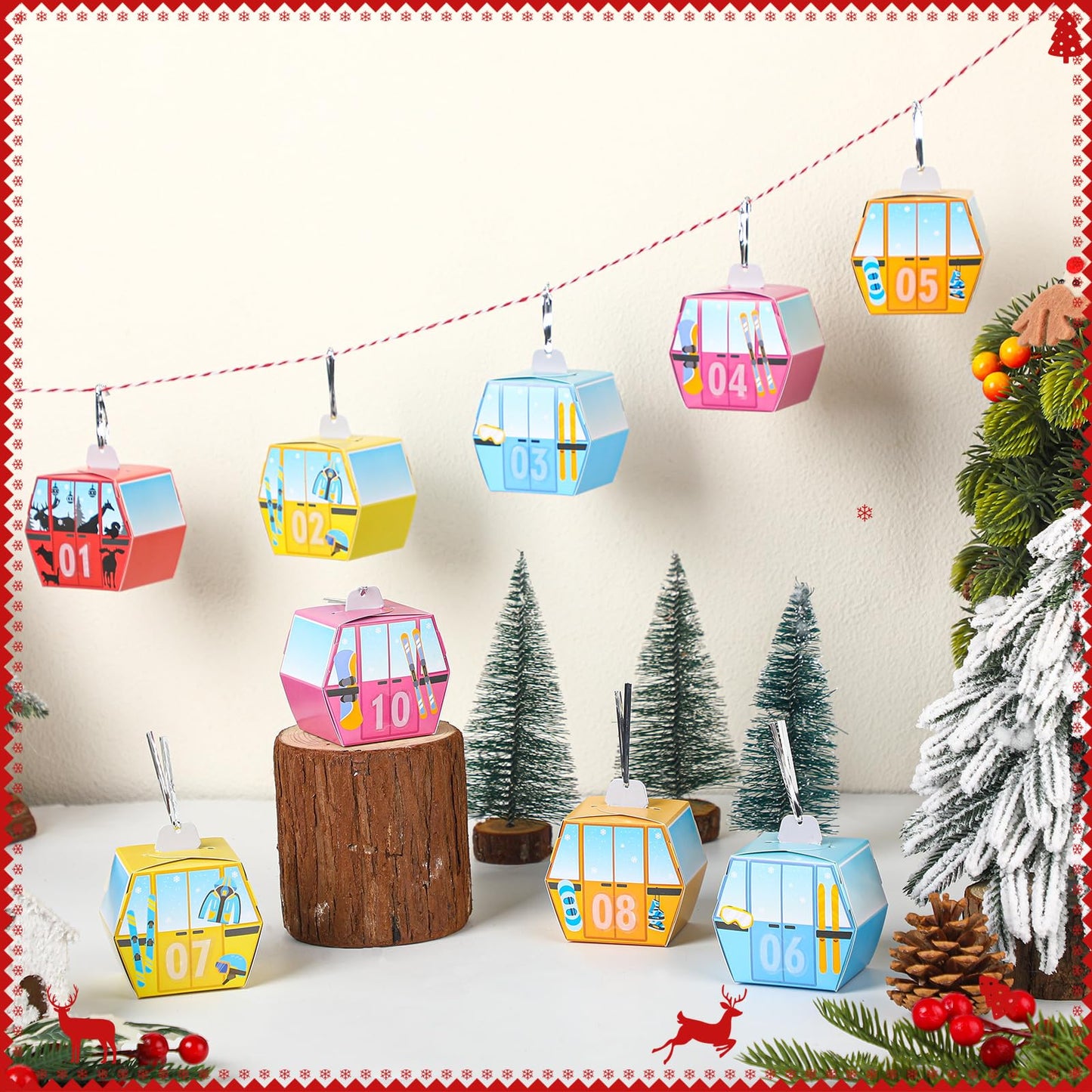 Yexiya Gondola Lift Advent Calendar for Christmas Countdown 25 Empty Advent Boxes Red White Rope and Twist Tie DIY Decoration for Xmas Holiday Hanging Decor - Medaid International