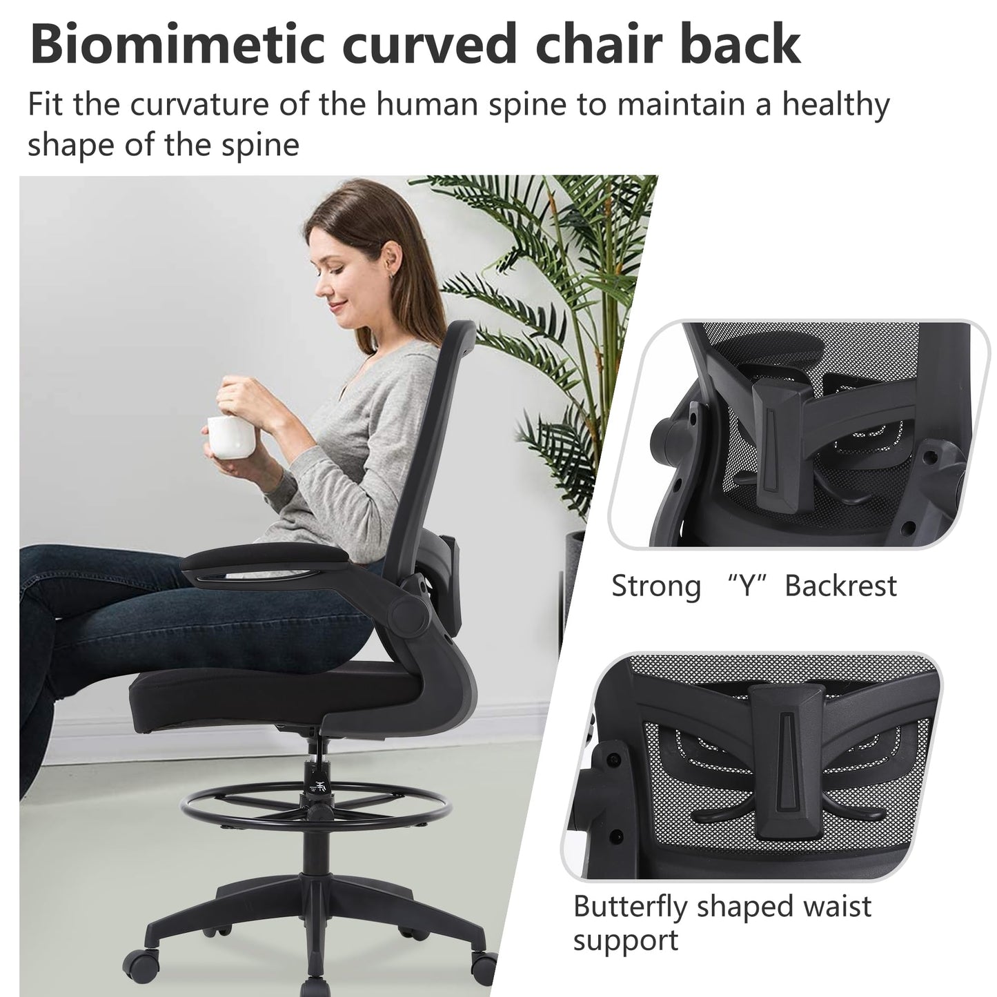 PayLessHere Ergonomic Drafting Chair Tall Office Chair High Adjustable Standing Desk Chair with Lumbar Support Mesh Back Footrest Flip-Up Arms for Office Computer Desk Standing Desk (Black) - Medaid International