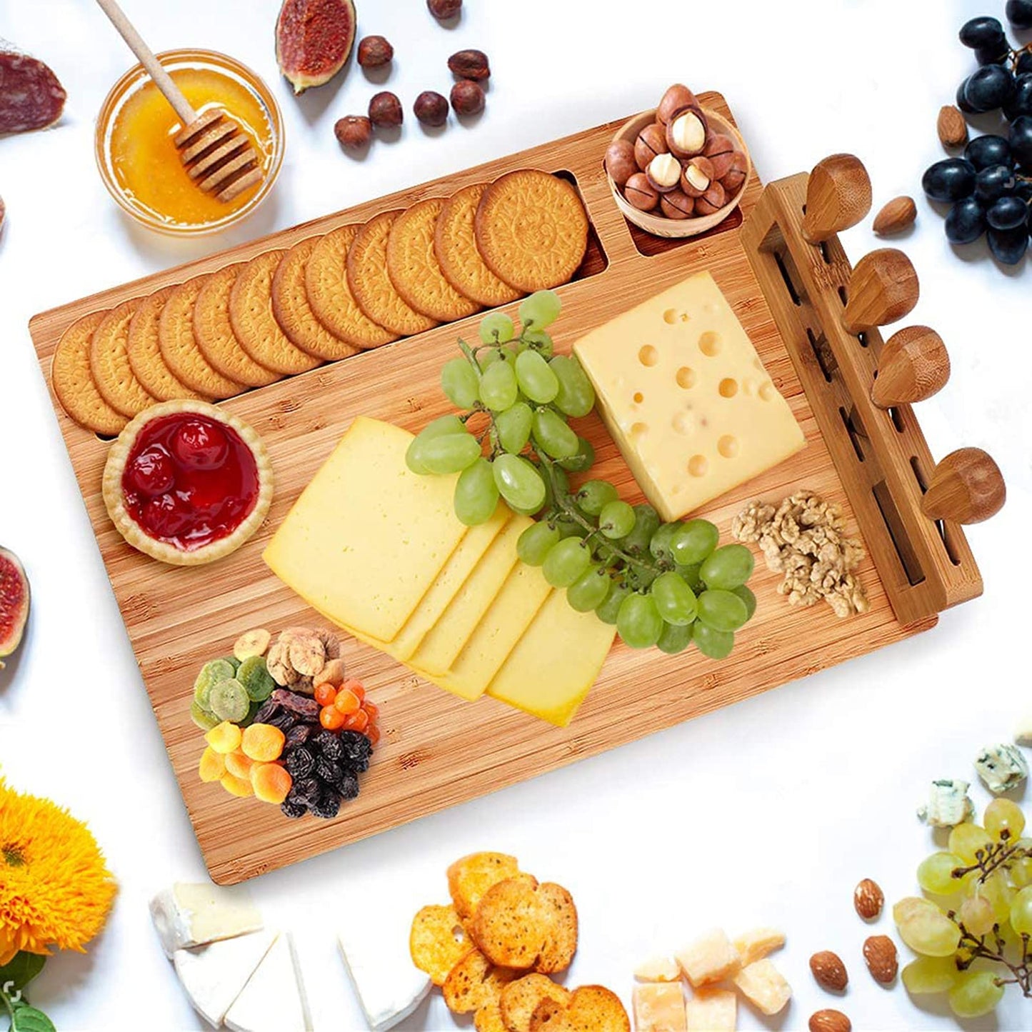 Widousy Bamboo Cheese Board Set, Cheese Tray, Charcuterie Board and Serving Meat Platter with 4 Stainless Steel Cheese Knives, Ideal for Wedding Gifts Christmas Birthday Party (14''x11'') - Medaid International