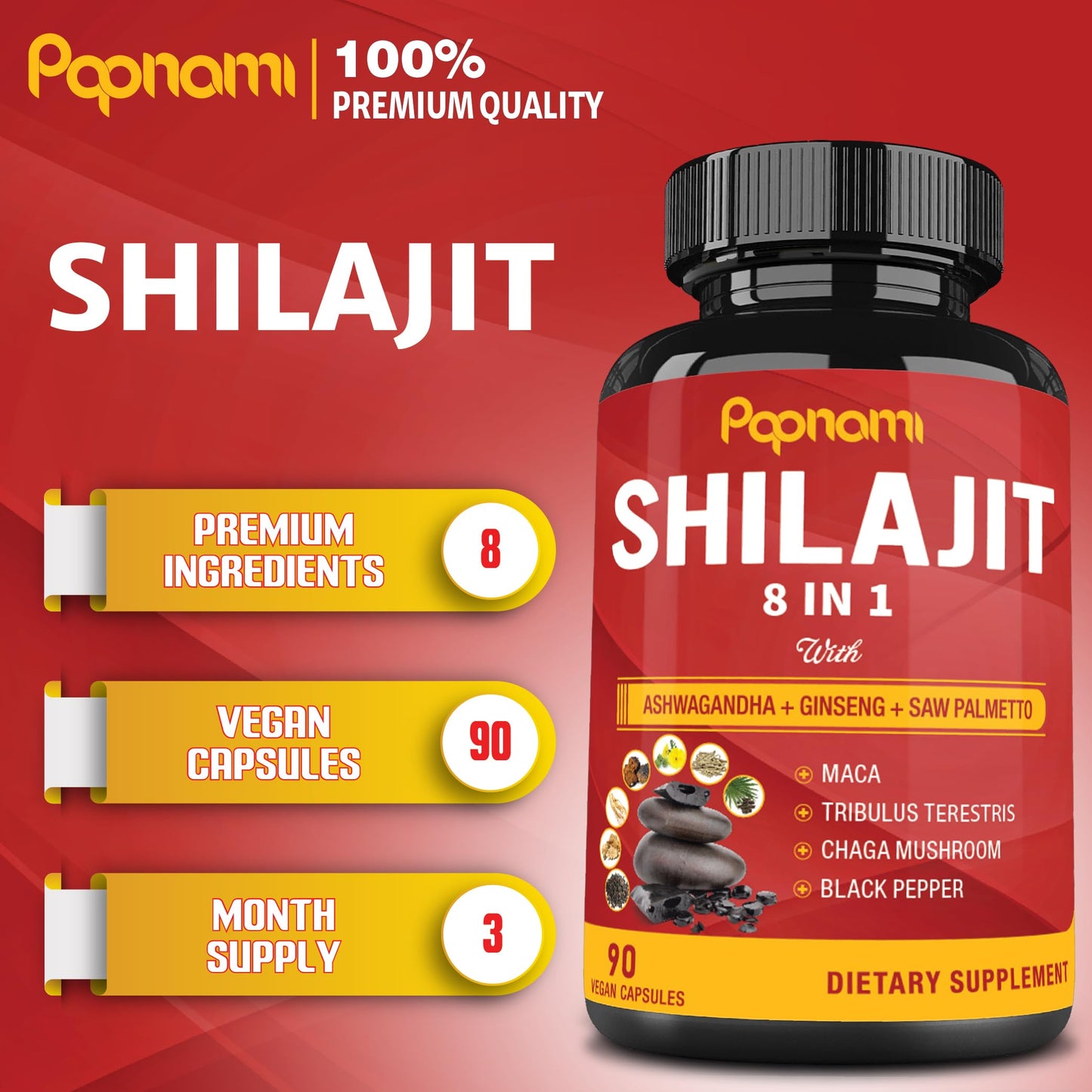 Shilajit Himalayan Capsules - 3 Month Supply - Combined Ashwagandha, Ginseng, Saw Palmetto, Maca, Tribulus, Chaga, Black Pepper - Medaid International
