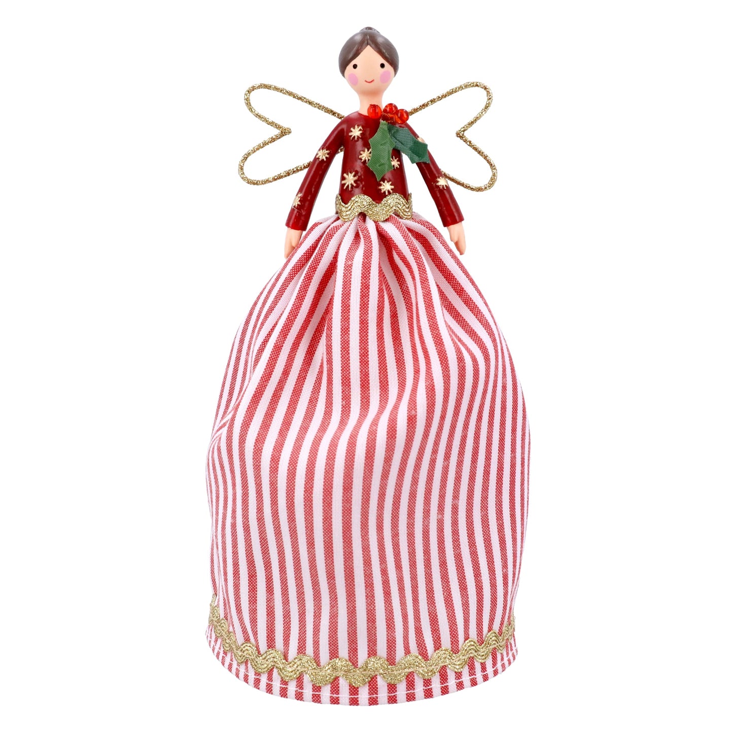 Gisela Graham Christmas Tree Topper Angel β Red & White Striped Skirt with Holly Accent, 18cm Festive Fairy Decoration - Medaid International