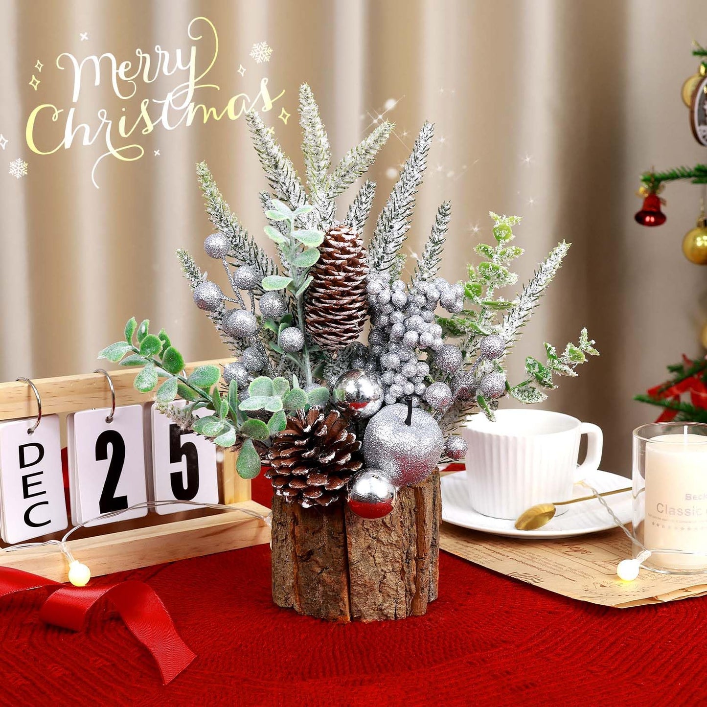 Small Christmas Tree Tabletop Artificial Mini Christmas Tree Decorations with Holiday Ornaments Red Berry Pine Cone Greenery for Home Indoor Fireplace Mantel Xmas Decor (Tree Stump-Silver) - Medaid International