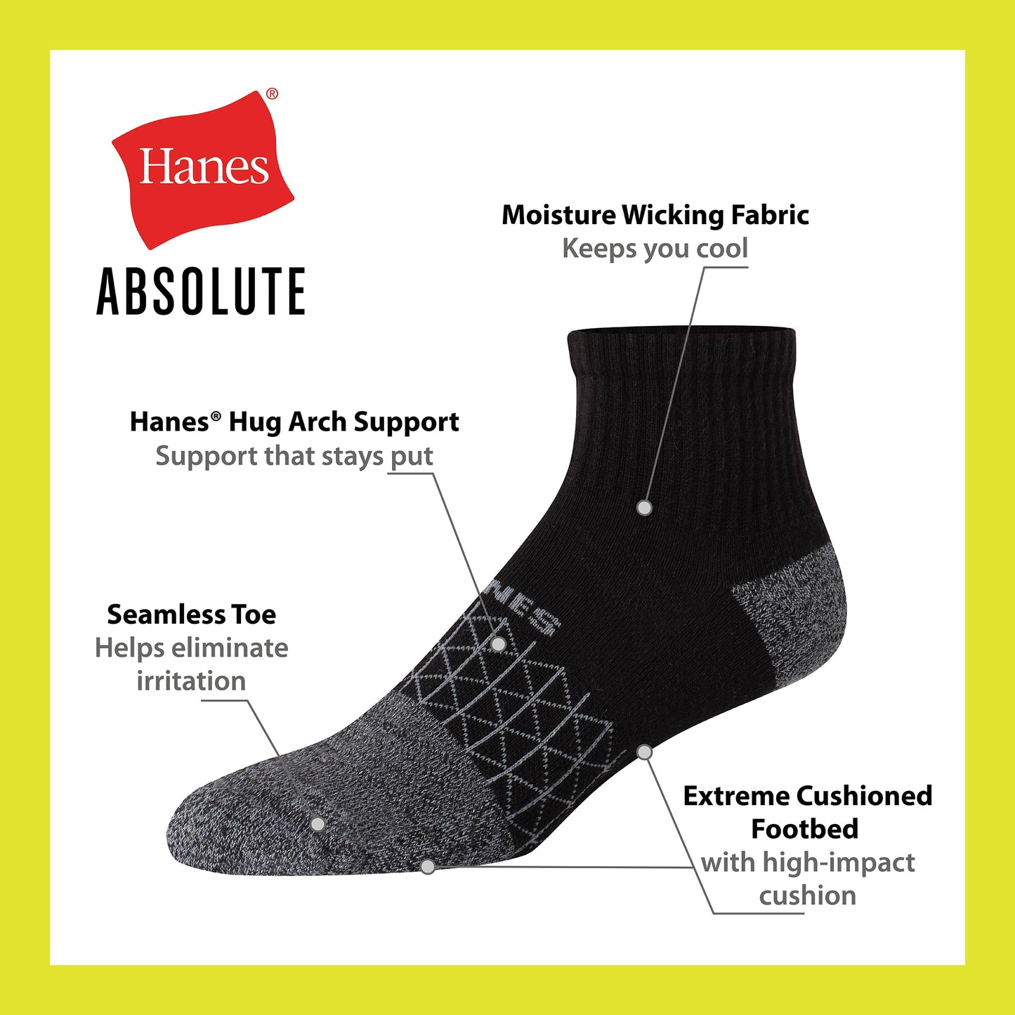 Hanes Men's Absolute Active Cushioned Ankle, Moisture Wicking Socks, Seamless Toe, 4-Pack, White/Gray Marl, 6-12 - Medaid International