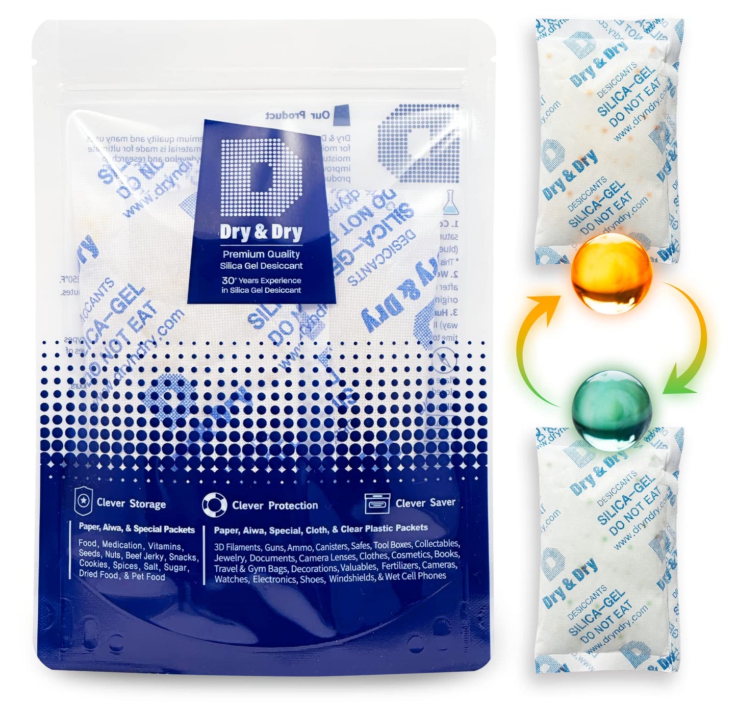 Dry & Dry Orange Indicating(Orange to Dark Green) Mixed Silica Gel Packets - Food Safe Rechargeable Silica Desiccants Gel Packs - 5 Packs (100 Gram) - Medaid International