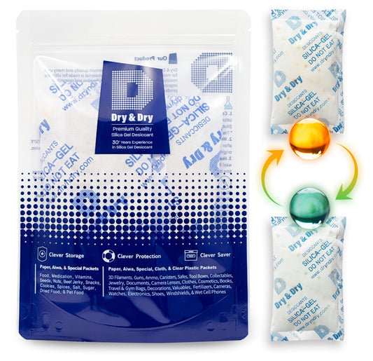 Dry & Dry Orange Indicating(Orange to Dark Green) Mixed Silica Gel Packets - Food Safe Rechargeable Silica Desiccants Gel Packs - 5 Packs (100 Gram) - Medaid International