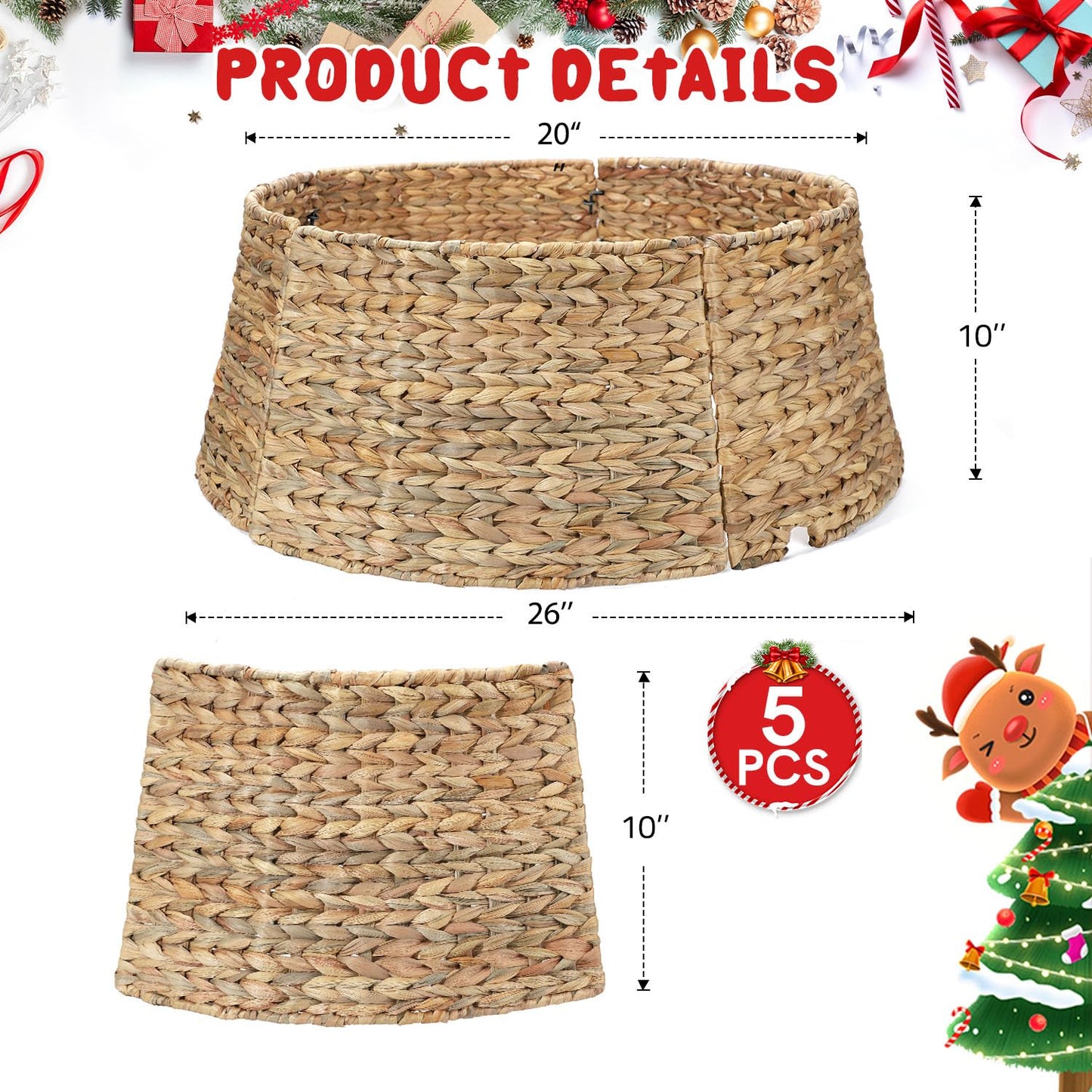 5-Piece Rattan Christmas Tree Collar - 26" Rustic Farmhouse Tree Skirt- Xmas Tree Base Cover for Christmas Decoration- Woven Holiday Tree Ring Accessory for Home, Living Room (Natural, 26 in) - Medaid International