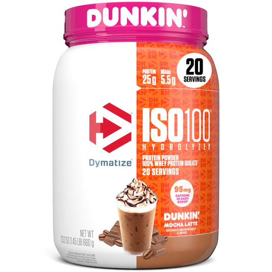 Dymatize x Dunkin' Mocha Latte ISO100 Whey Protein Powder, 95mg Caffeine, 25g of Protein, 20 Servings, 5.5g BCAAs, 120 Cal., Gluten Free, 1g Fat, 1g Sugar, 3g Carb - Medaid International