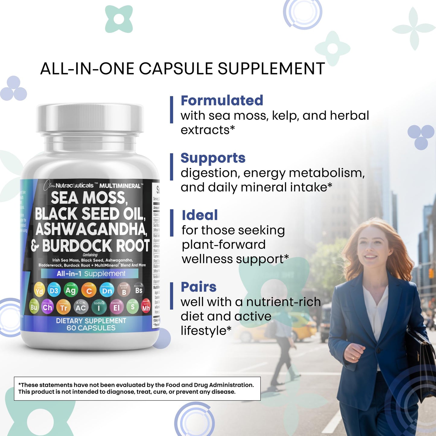 Clean Nutraceuticals Sea Moss Black Seed Oil Ashwagandha Turmeric Bladderwrack Burdock & Vitamin C Vitamin D3 with Elderberry Manuka Dandelion Yellow Dock Iodine Chlorophyll ACV - Medaid International