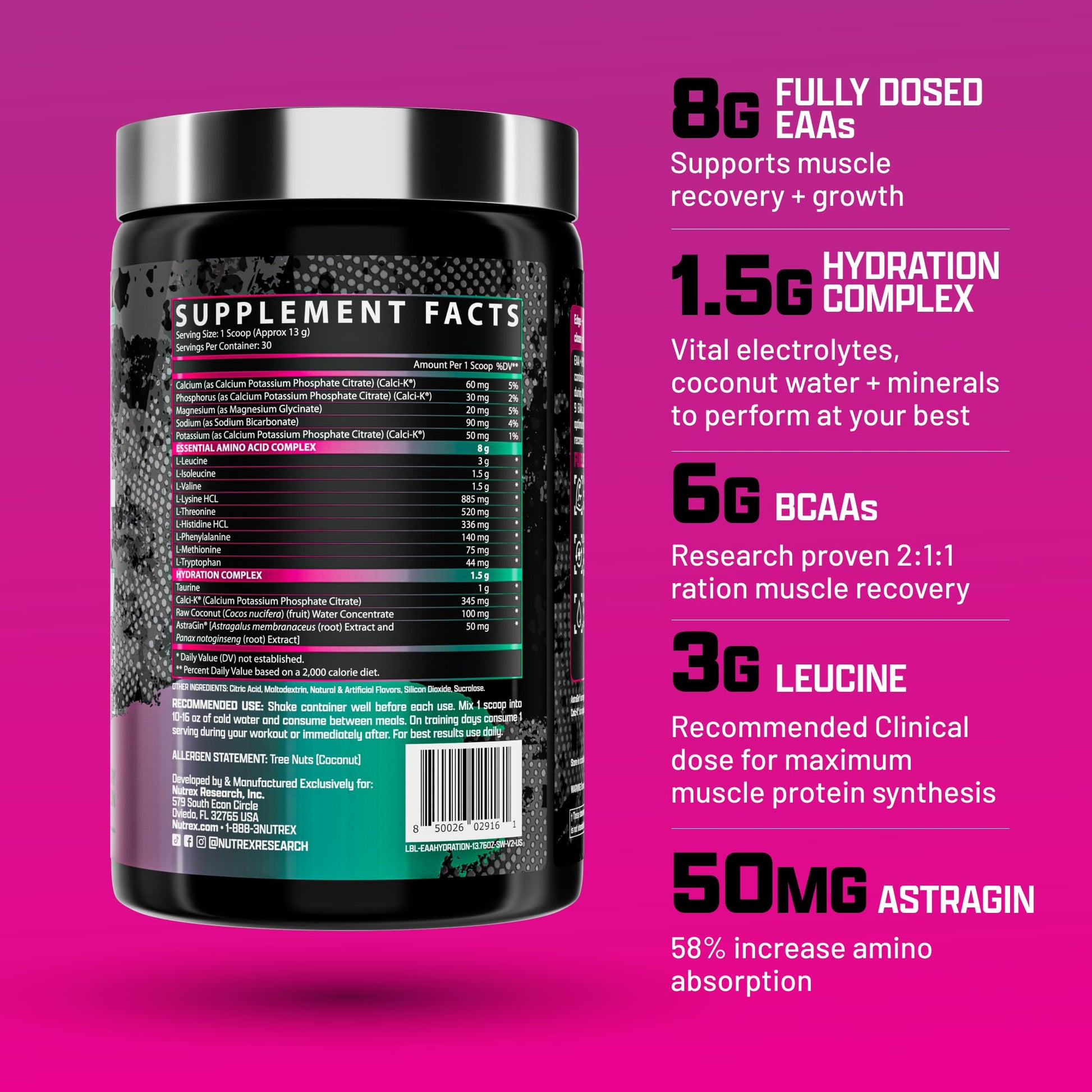 Nutrex Research EAA Hydration | EAAs + BCAA Powder | Muscle Recovery, Strength, Muscle Building, Endurance | 8G Essential Amino Acids + Electrolytes | Strawberry Watermelon 30 Serving - Medaid International
