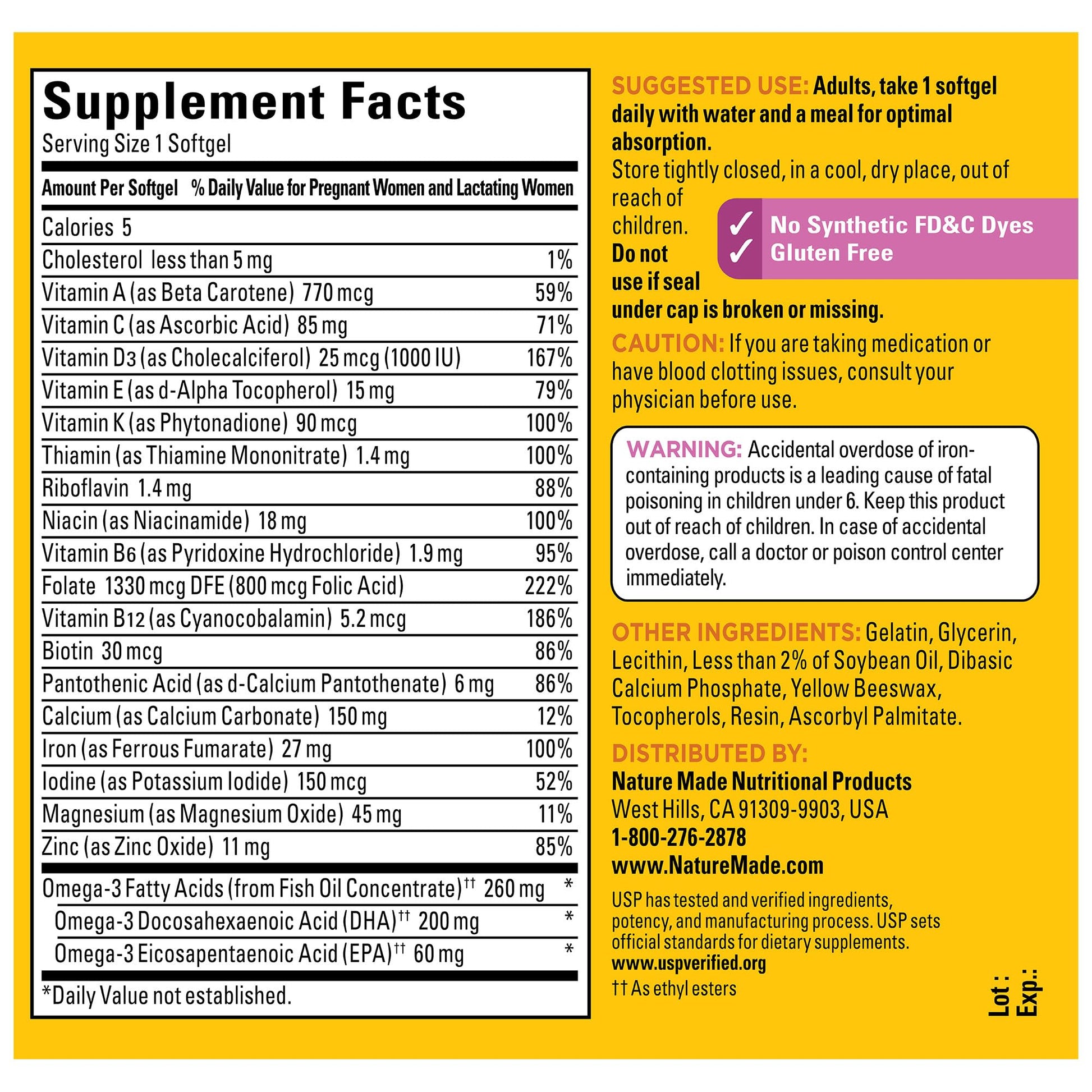 Nature Made Prenatal with Folic Acid + DHA, Prenatal Vitamin and Mineral Supplement for Daily Nutritional Support, 110 Softgels, 110 Day Supply - Medaid International