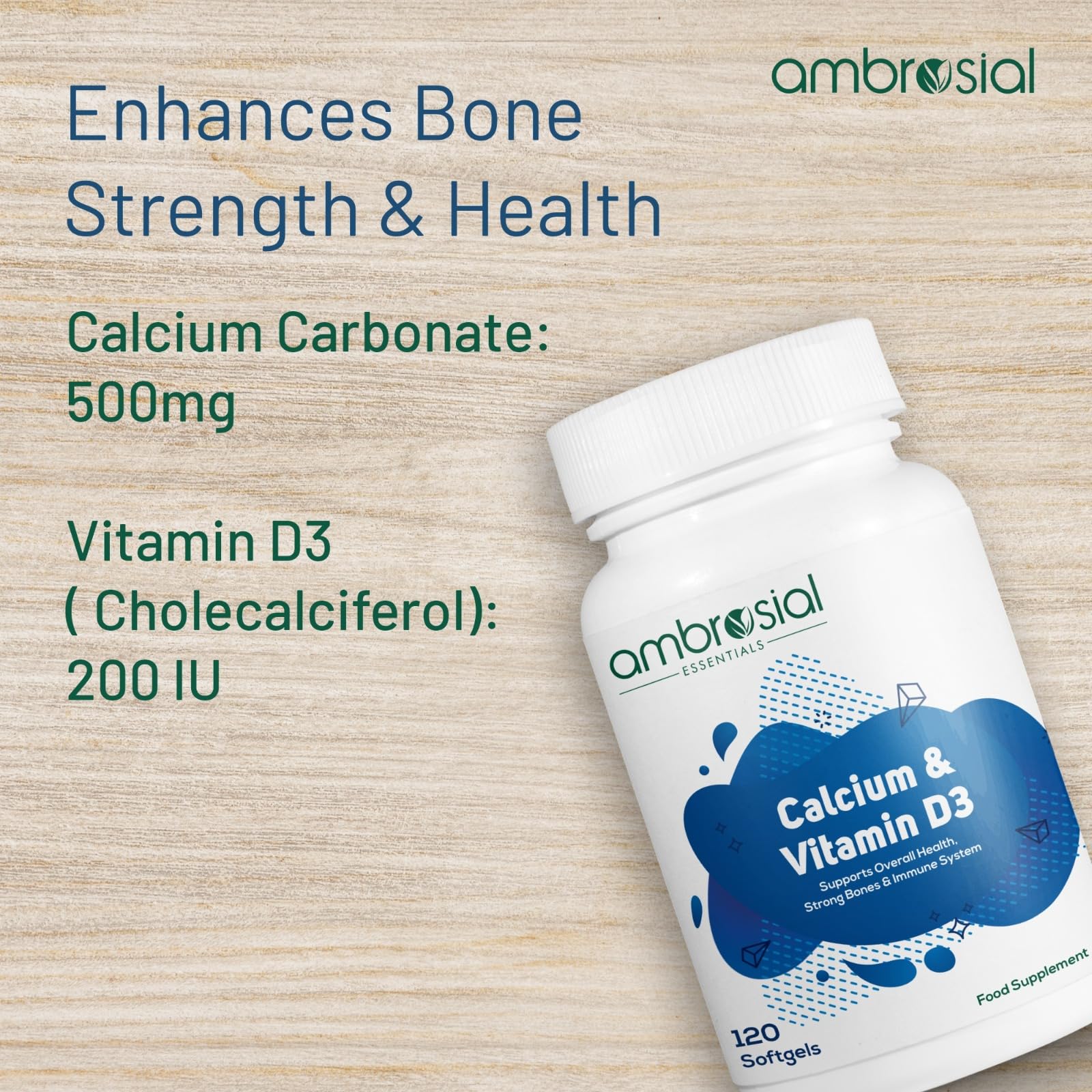 AMBROSIAL Calcium & Vitamin D3 Tablets (Pack of 1-120 Softgels) - Medaid International