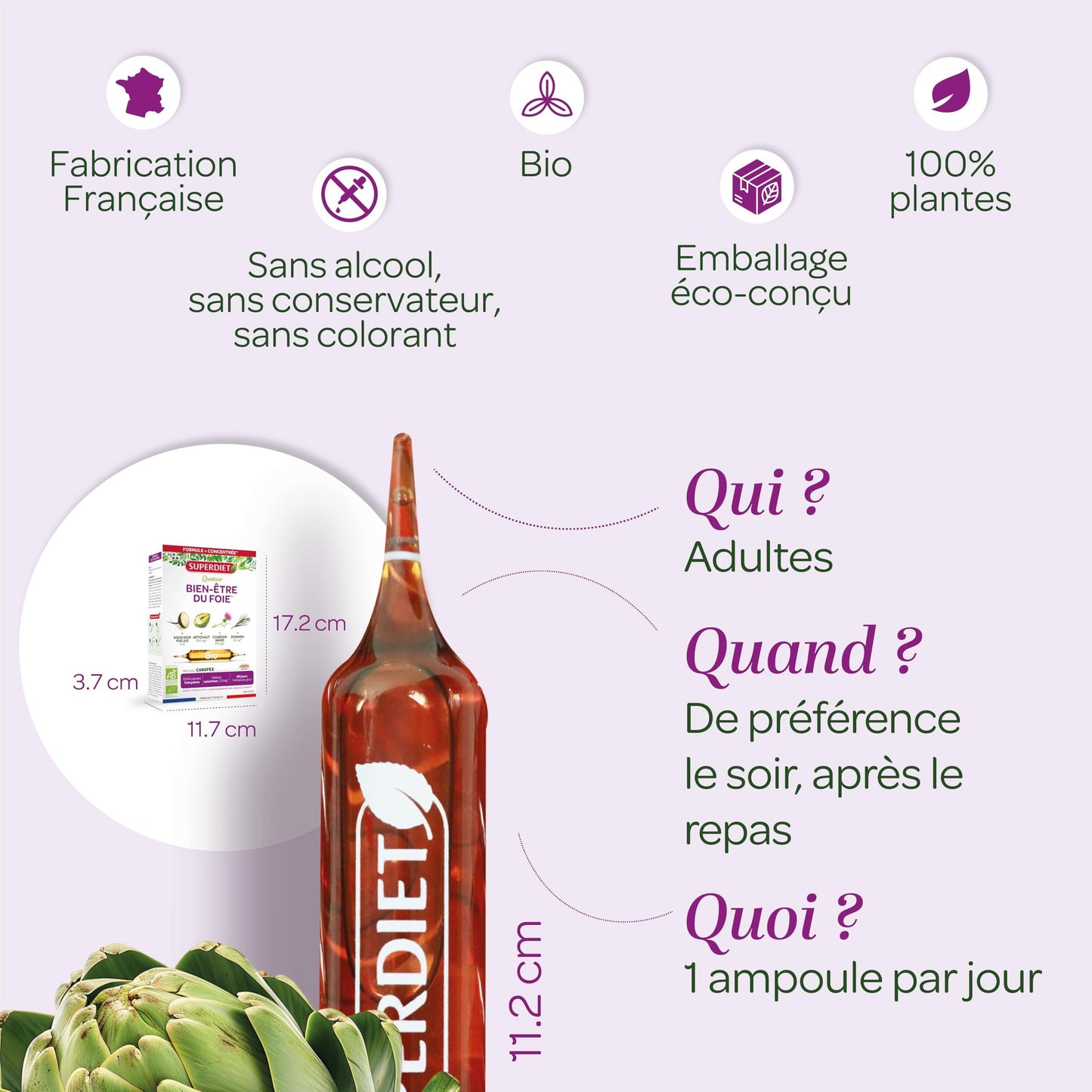 SUPERDIET-QUATUOR DIGESTION BIO-Bien-être du foie -Radis Noir Artichaut Chardon Marie Romarin-Fabrication Française-20 Ampoules de 15ml - Medaid International