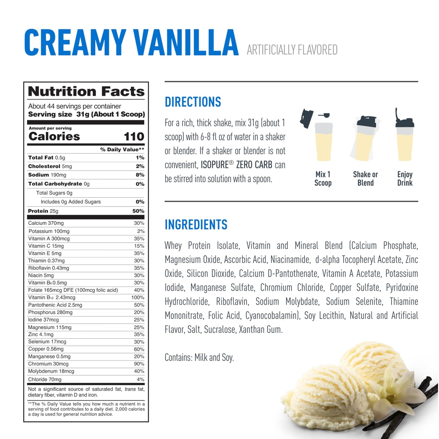 Isopure Zero Carb 100% Pure Whey Isolate Protein Powder, Lactose Free, Gluten Free, With Vitamins, Creamy Vanilla, 25g Protein Per Serving, 3 Lbs, 44 Servings (Packaging May Vary) - Medaid International