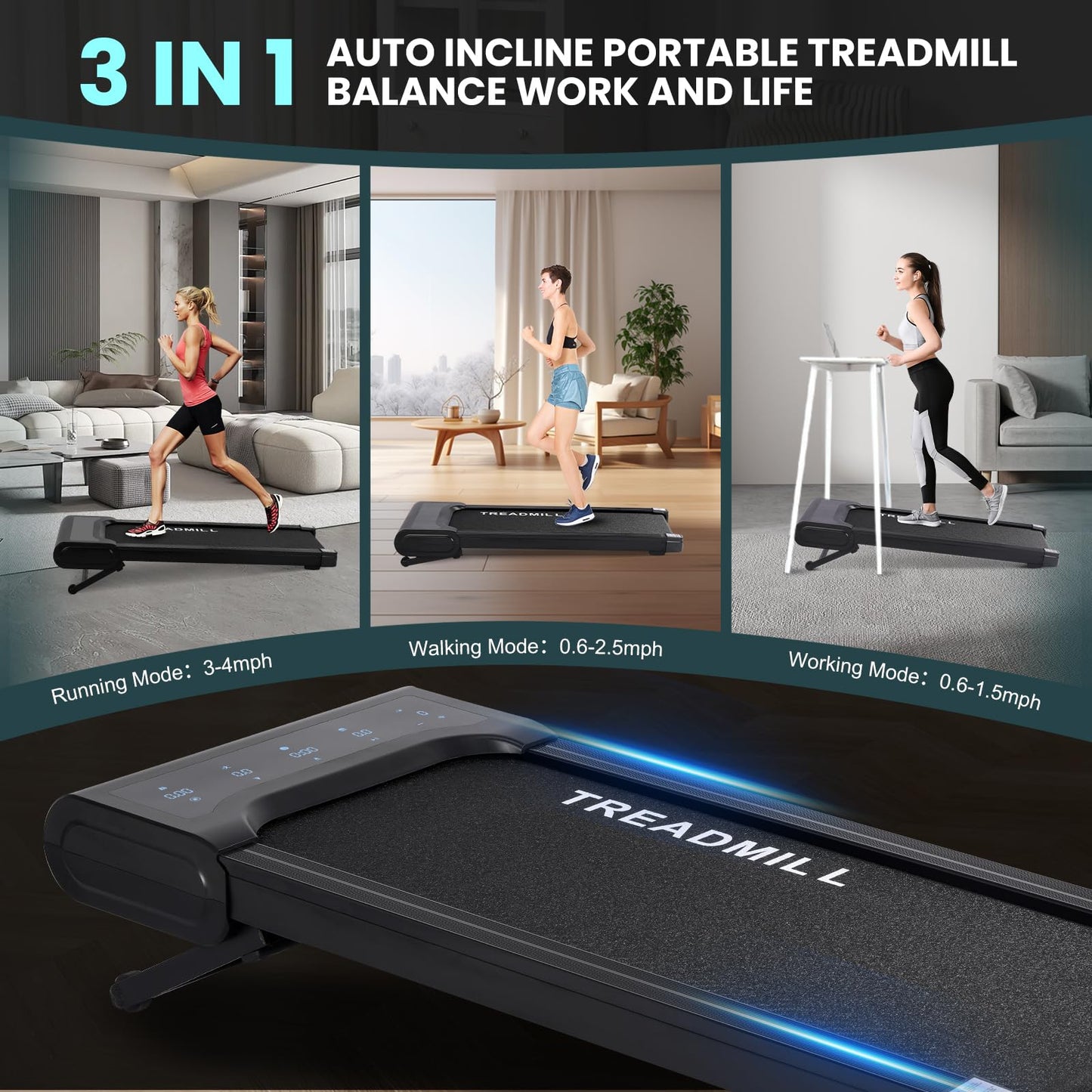 Walking Pad Treadmill with Auto Incline, Under Desk Treadmills, 2 in 1 Portable Walking Treadmill for Walking Running, 2.5HP Low Noise Treadmill with Remote Control and LED Display, Black - Medaid International