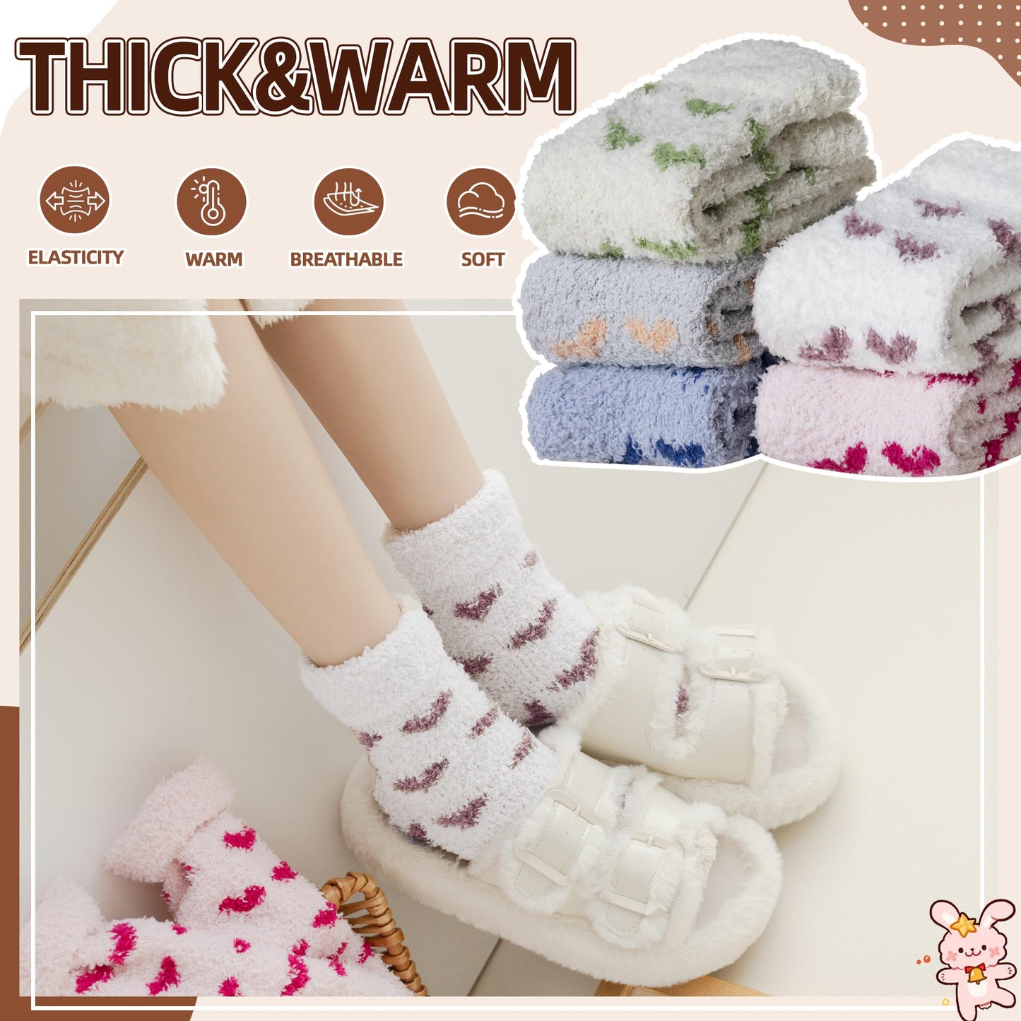 Velice Womens Fuzzy Socks Soft Cozy Fluffy Slipper Winter Warm Plush Sleeping Christmas Socks 5 Pairs(Cute Heart) - Medaid International