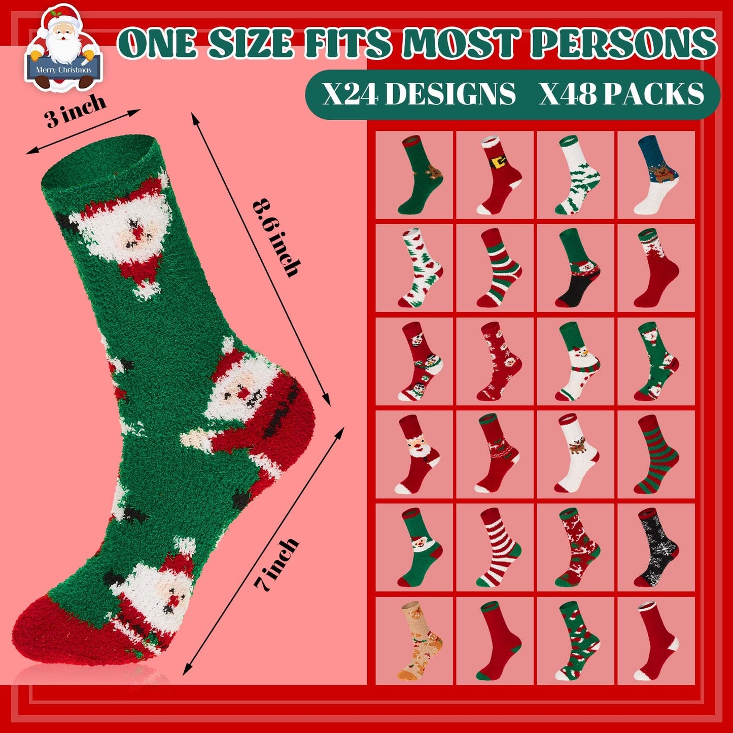 48 Pairs Christmas Fuzzy Socks Bulk for Women Men Holiday Winter Warm Slipper Xmas Snowman Fluffy Santa Socks Gifts - Medaid International