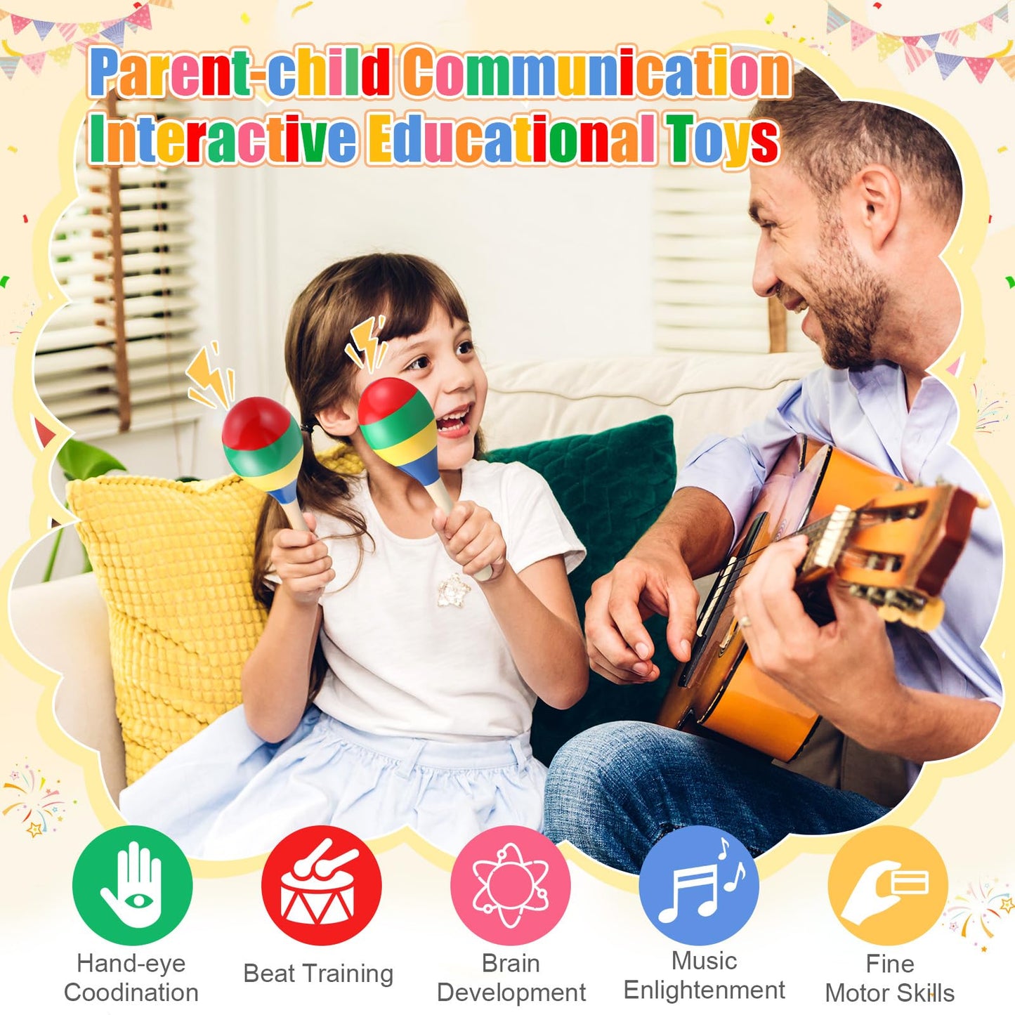 Boao 2 Pcs Wooden Maracas Wooden Hand Percussion Rattles Colorful Shaker Musical Instruments Noisemaker Musical Party Favor For Birthday Party Classroom(Classic Color) - Medaid International