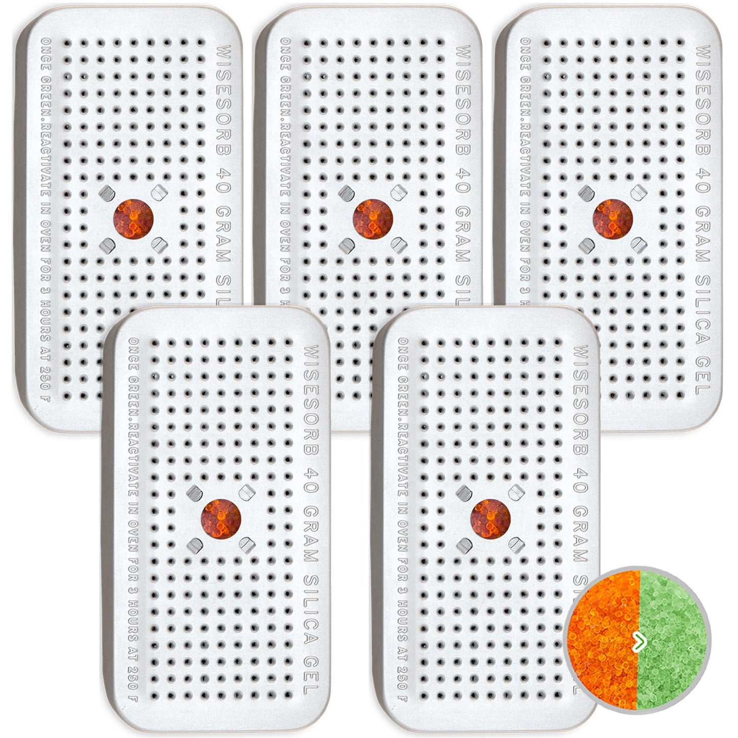 Wisesorb 40 Gram Pack of 5 Silica Gel Canister, Gun Safe Dehumidifiers (Orange to Green), Reusable Desiccant Moisture Absorber for Car, Closet - Medaid International