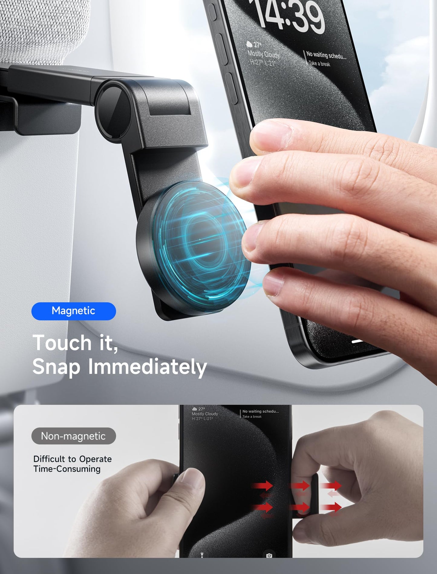 JSAUX Airplane Phone Holder Mount, Travel Essentials for Magsafe Accessories, Magnetic Plane Phone Holder, Travel Accessories Must Haves for Airplane for iPhone 16/15/14/13/12 - Medaid International