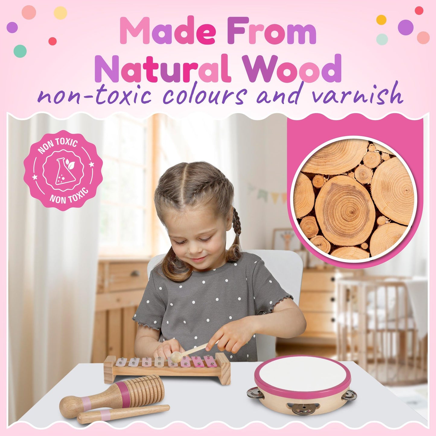 Stoie’s Wooden Music Set Pink Sensation, Montessori Musical Instruments for Toddlers 3-9 with Xylophone, Tambourine and Maracas, Educational Development and Creativity, Baby Musical Instruments - Medaid International