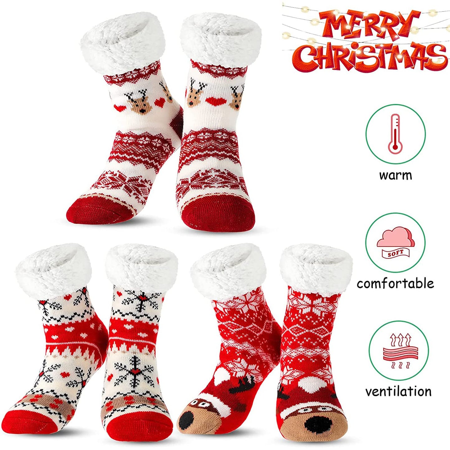 Sintege 3 Pairs Women Christmas Slipper Socks Winter Soft Warm Fuzzy Plush Cozy Fleece Lined Non Slip Christmas Socks Gifts(Cute Style) - Medaid International