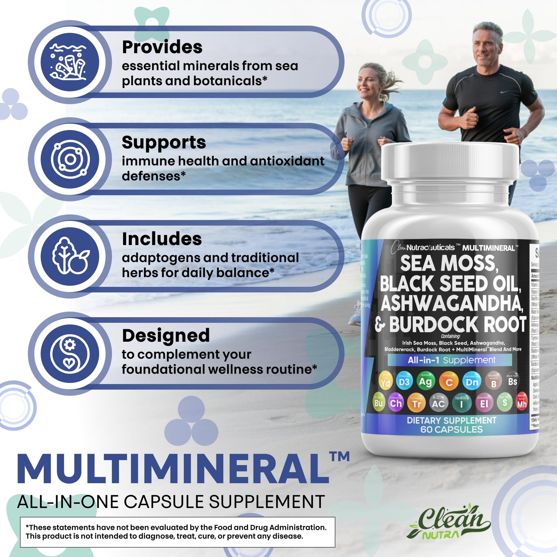 Clean Nutraceuticals Sea Moss Black Seed Oil Ashwagandha Turmeric Bladderwrack Burdock & Vitamin C Vitamin D3 with Elderberry Manuka Dandelion Yellow Dock Iodine Chlorophyll ACV - Medaid International