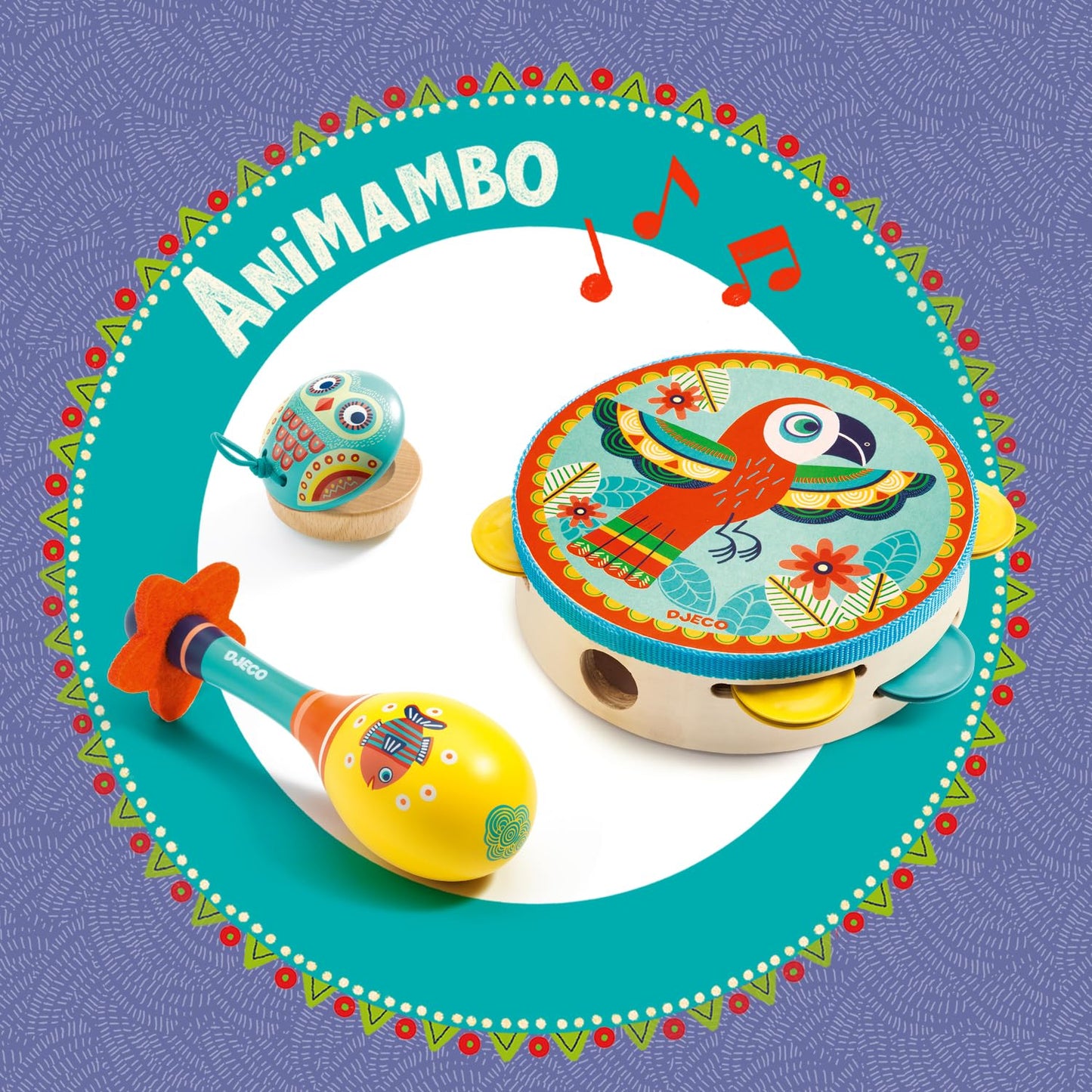 DJECO Animambo Tambourine, Maraca, Castanet Music Instrument Set - Cute Parrot, Fish & Owl Design Toddler Educational Musical Toy for Creativity & Rythym - Toys for 3+ Years Girls & Boys - Medaid International
