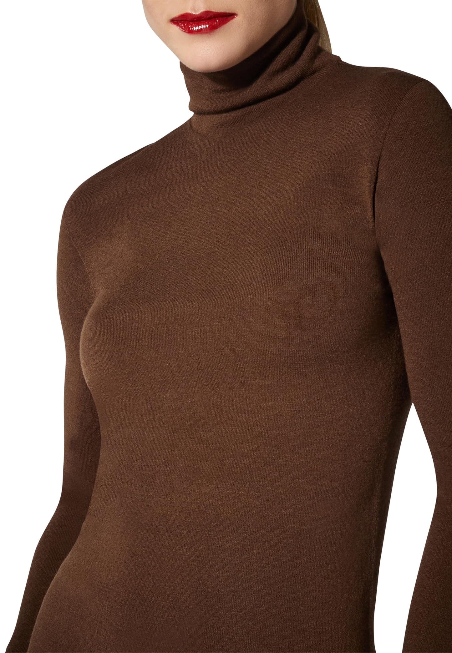 Wolford The Merino Top Long Sleeves For Women Wool Turtleneck Seamless Slim Fit Layering Shirt Warm Base Layer Sweater umber Brown Small - Medaid International