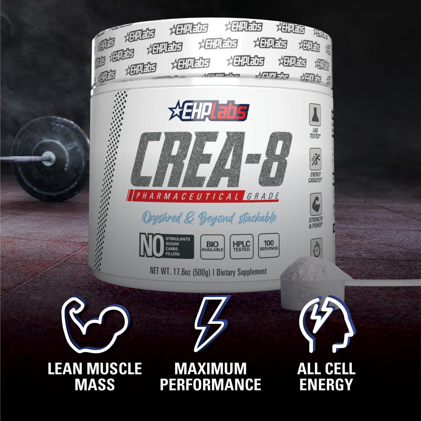 EHP Labs CREA-8 Creatine Monohydrate Powder - Unflavored Creatine Powder for Muscle Growth, Increased Strength, Enhanced Energy Output and Improved Performance - 100 Servings (500g) - Medaid International