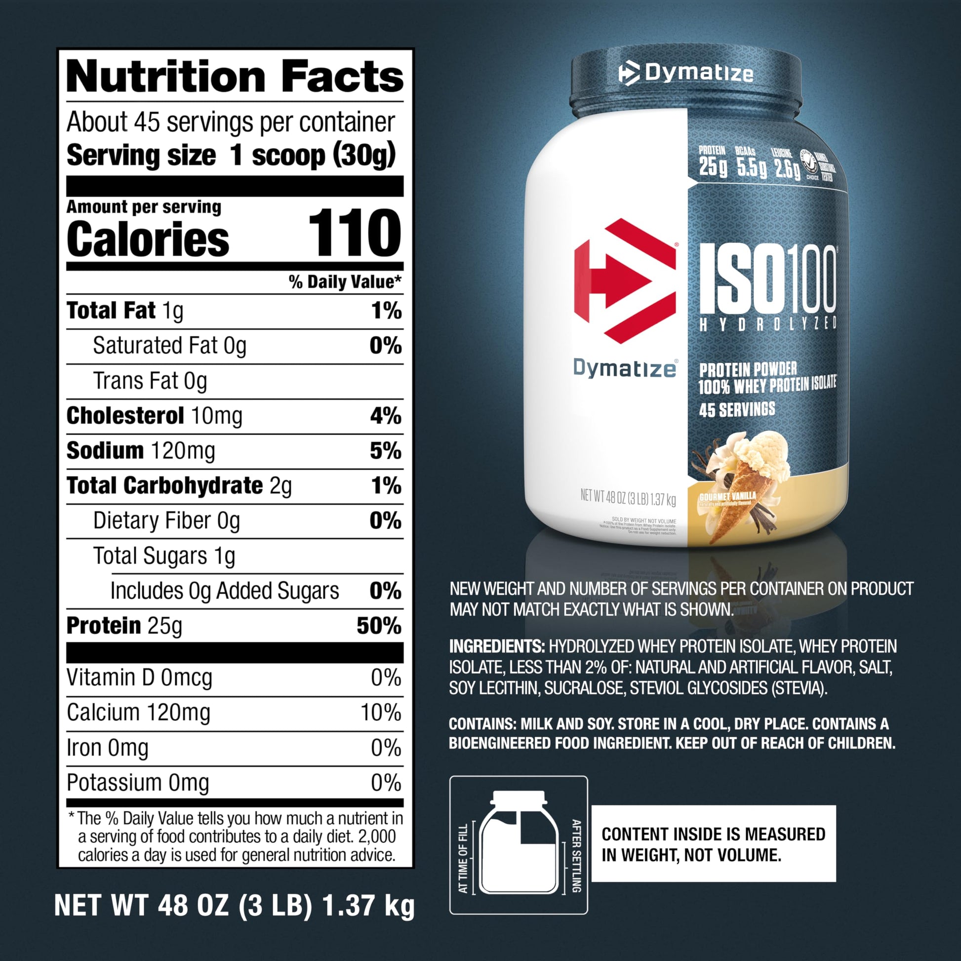 Dymatize ISO100 Whey Protein Powder Isolate, Vanilla, 25g of Protein, 3 Pound, 5.5g BCAAs, Less Than 120 Cal., Gluten Free, 1g Fat, 1g Sugar, 2g Carb (45 Servings) - Medaid International