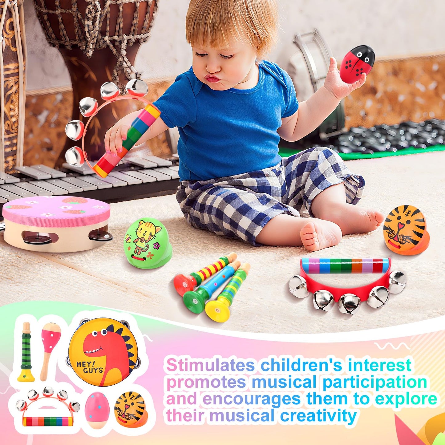 Halloscume 36 Pcs Shaker Musical Instruments for Kids Egg Shaker Wooden Trumpet Hand Held Tambourine Maracas Percussion Tambourine Drum Plastic Castanets for Preschool Early Music Learning Toy - Medaid International