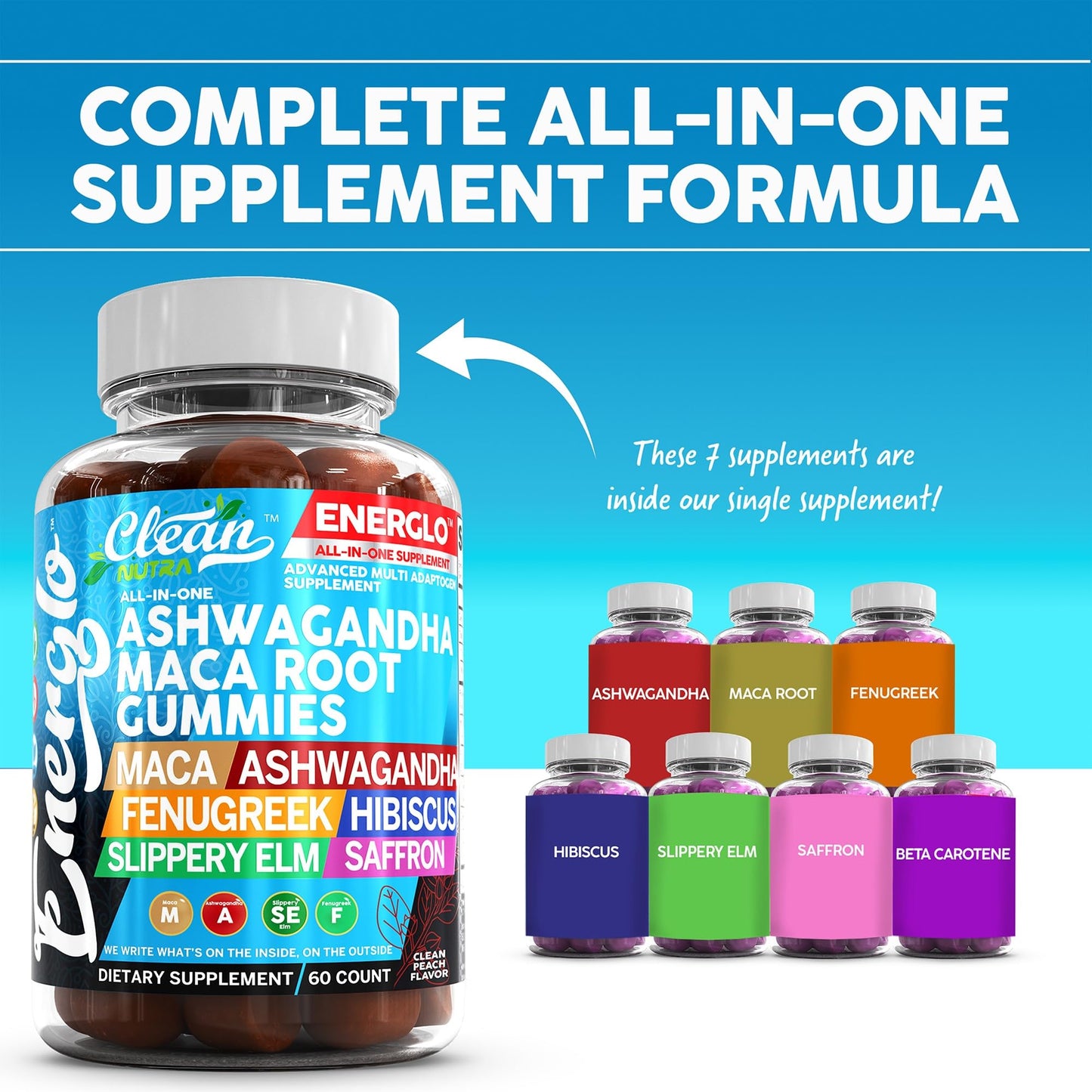 Ashwagandha Maca Root Gummies with Fenugreek Hibiscus Slippery Elm Saffron Extract & Beta Carotene | Peach Flavor Vegan Gummy Vitamins Adaptogen Cortisol Supplement Energlo by Clean Nutra - Medaid International