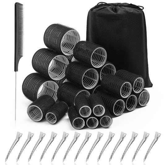 Acejoz Hair Rollers for Blowout Look, 38 Pcs Self Grip Hair Rollers Set with 4 Sizes, 12 Pcs Hair Clips, Comb and Storage Bag for Hair Volume (Black) - Medaid International