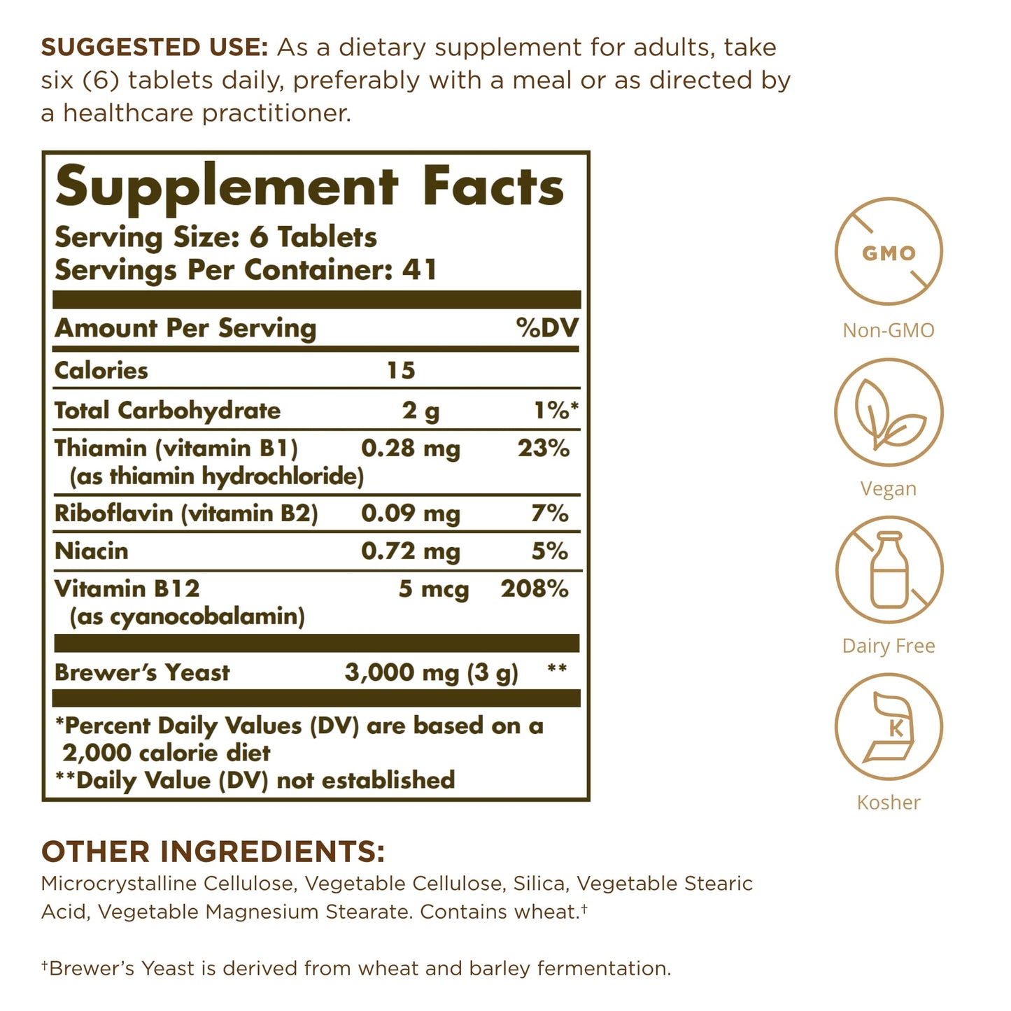 Solgar Brewer's Yeast 7 ½ Grains with Vitamin B12 - 250 Tablets - Non-GMO, Vegan, Dairy Free, Kosher - 41 Servings - Medaid International