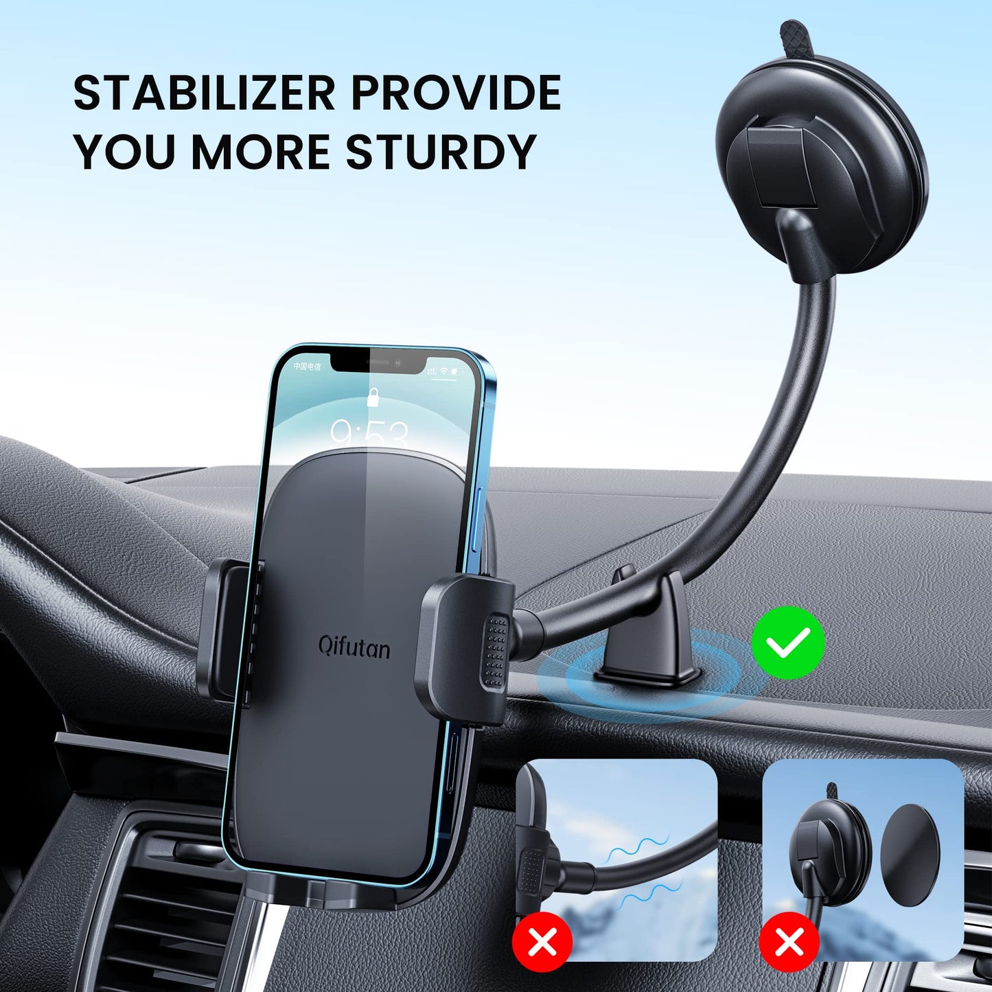 Qifutan Cell Phone Holder for Car Phone Mount Long Arm Dashboard Windshield Car Phone Holder Anti-Shake Stabilizer Phone Car Holder Compatible with All Phone Android Smartphone, Black - Medaid International